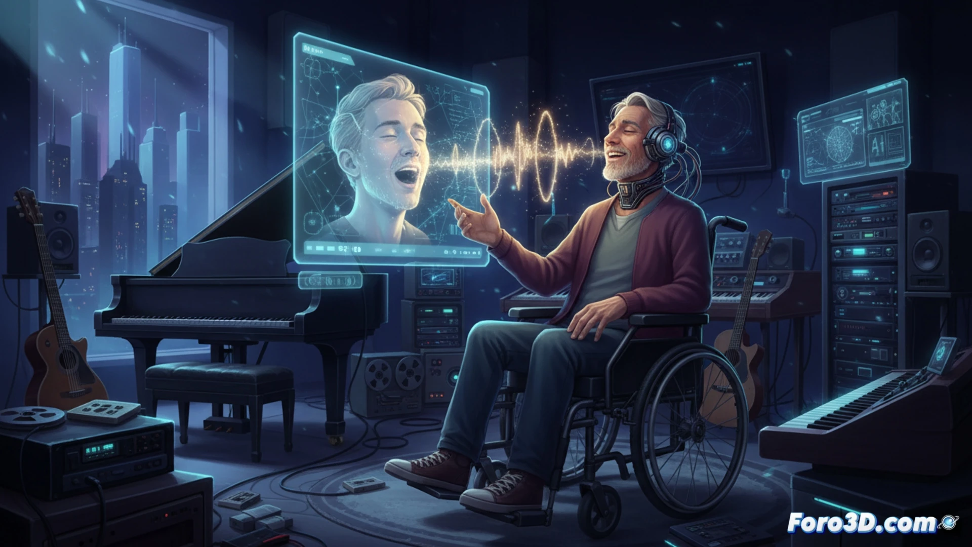 Un músico en silla de ruedas, rodeado de su banda, canta con una voz generada por IA que emana de una pantalla, mostrando una mezcla de emoción y conexión musical.