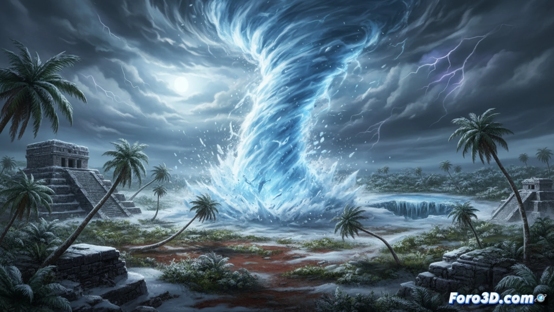 Un remolino de nieve y hielo gira sobre un campo yucateco, bajo un cielo tropical sorprendido por este inusual fenómeno meteorológico.