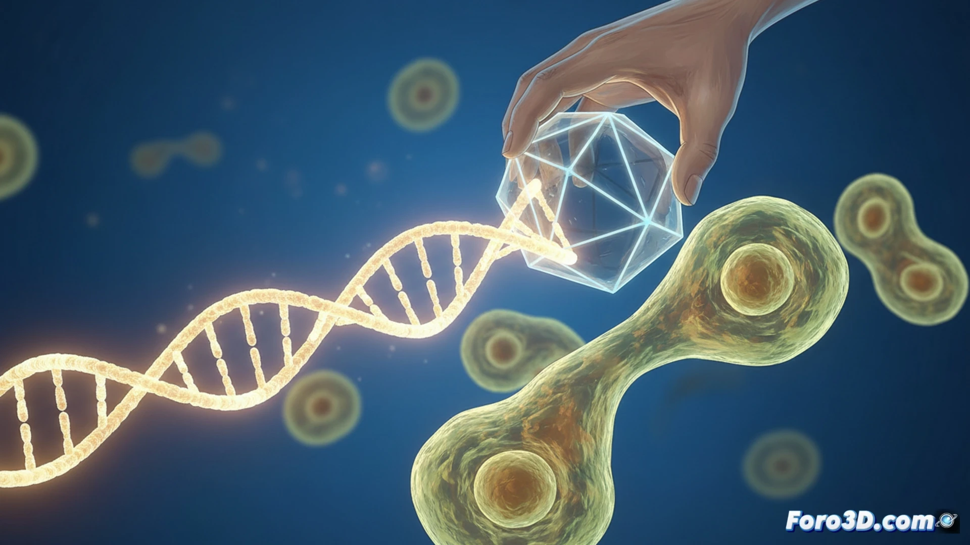 Ilustración conceptual de terapia génica: un virus modificado, representado como una cápsula, entregando un gen sano a una célula muscular. Fondo abstracto con tonos azules y verdes que simbolizan esperanza y ciencia.