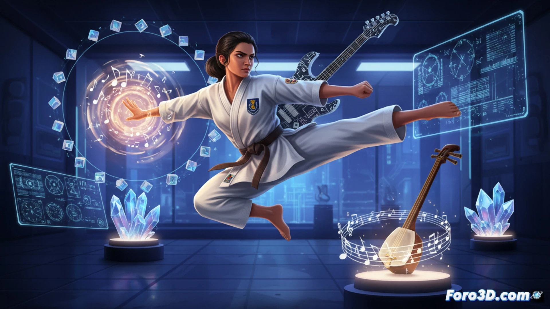 Una joven estudiante practica karate en un dojo, con un violín y ecuaciones cuánticas visibles al fondo, simbolizando su vida multifacética.