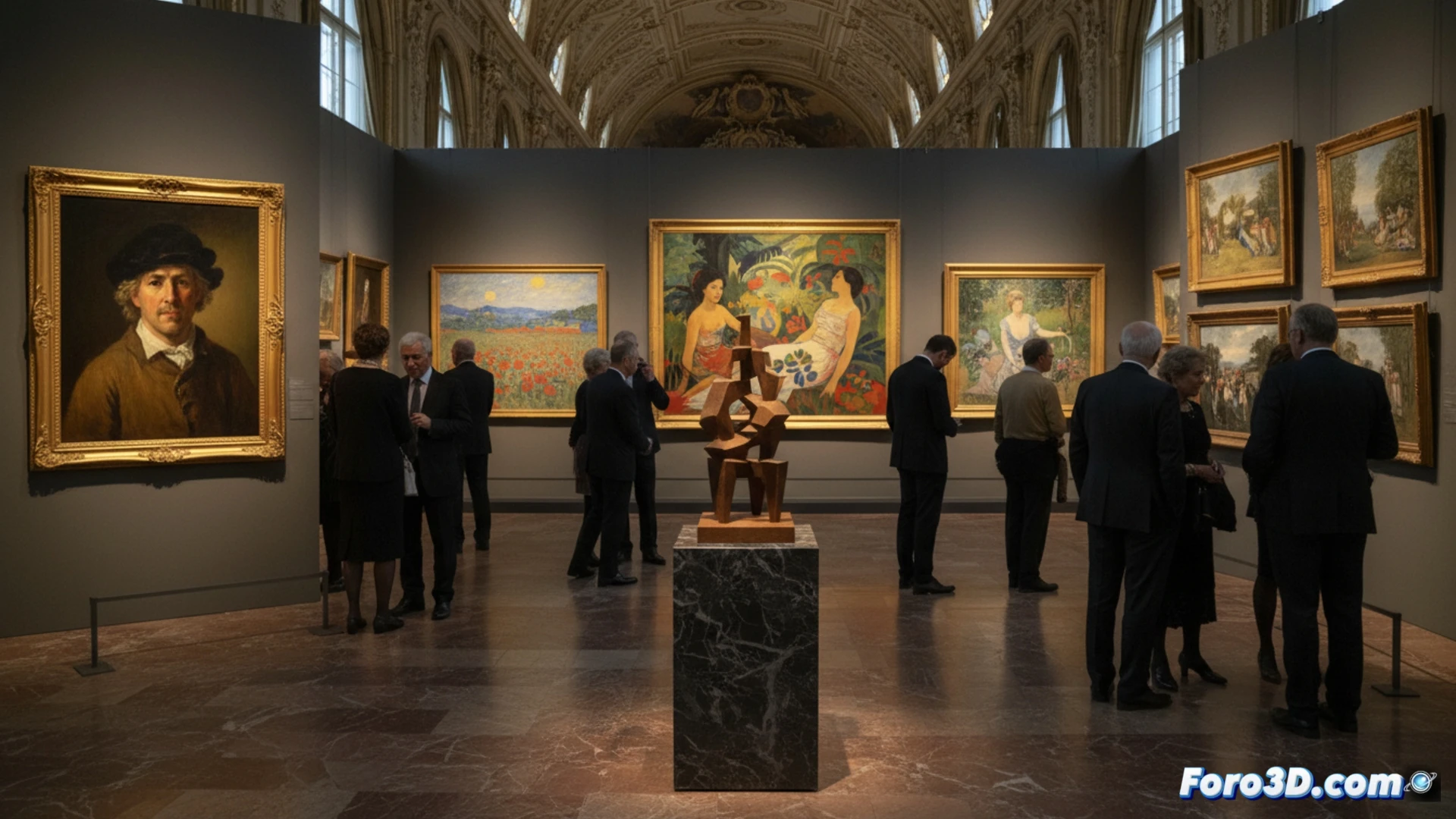 Una vista interior de una galería de arte clásica con obras de diferentes épocas colgadas en paredes de color neutro, incluyendo un retrato al óleo, un paisaje impresionista y una escultura moderna.