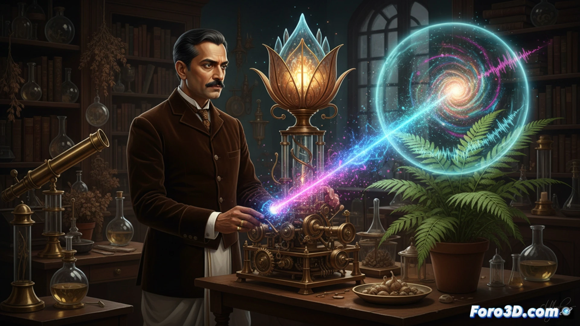 Ilustración conceptual que muestra a un científico, inspirado en Jagadish Chandra Bose, observando a través de un crescógrafo antiguo. Del dispositivo emanan ondas de luz y sonido que revelan el interior vibrante y luminoso de una planta, creando un puente visual entre la tecnología y la vida vegetal.