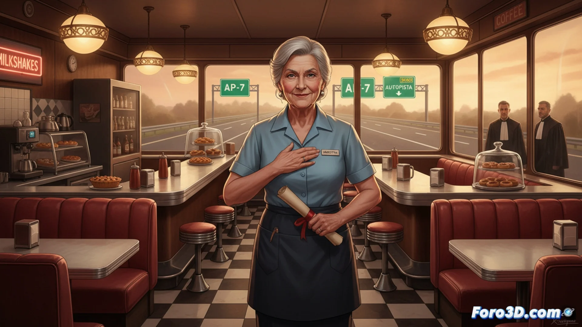 Imagen ilustrativa de una persona mayor, posiblemente una trabajadora, sonriendo con alivio o alegría, en un entorno que sugiere una resolución legal favorable, con documentos o un fondo que evoque un tribunal.