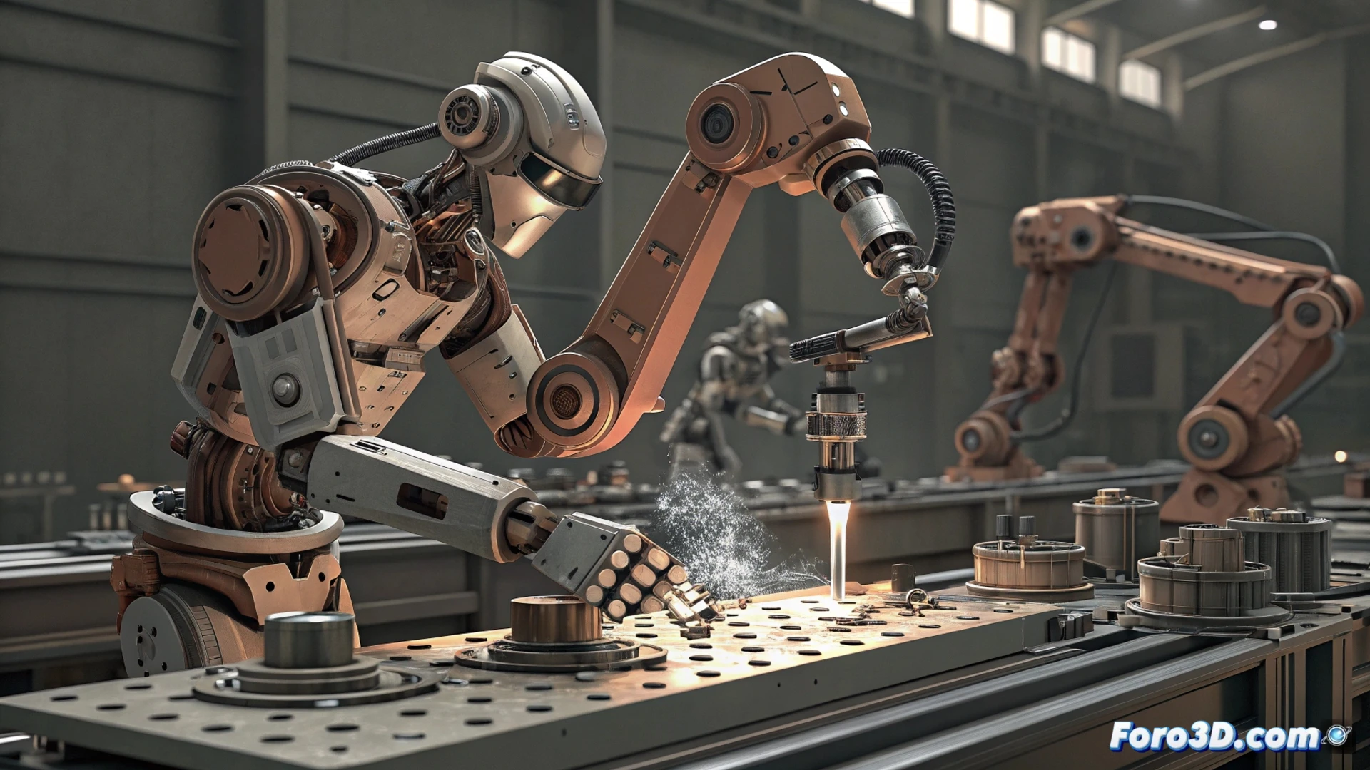 Un robot humanoide de Unitree ensambla con precisión piezas pequeñas en otro robot, utilizando herramientas en un entorno industrial.