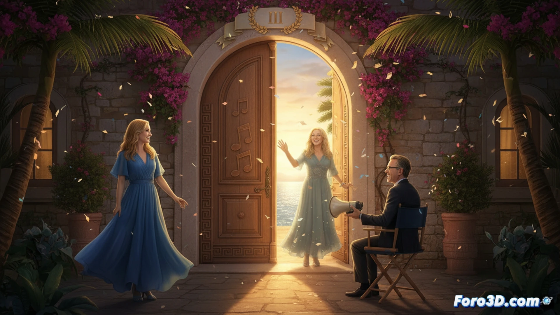 Un cartel de Mamma Mia! 3 en una playa griega, con un fantasma de Meryl Streep sonriendo entre las palmeras.