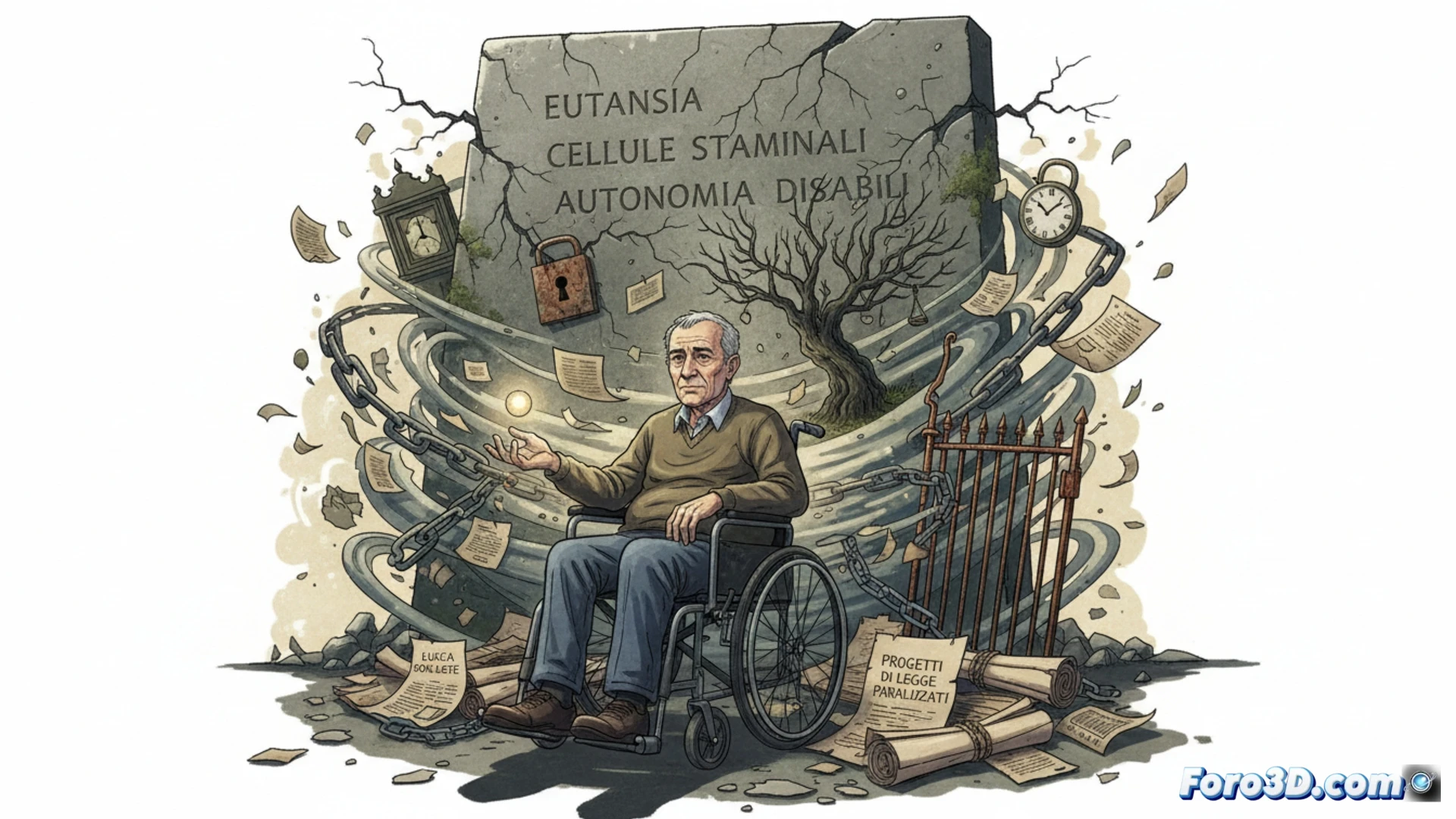 Un hombre en silla de ruedas frente al Parlamento italiano, con leyes archivadas como sombras y un reloj marcando veinte años detenido.