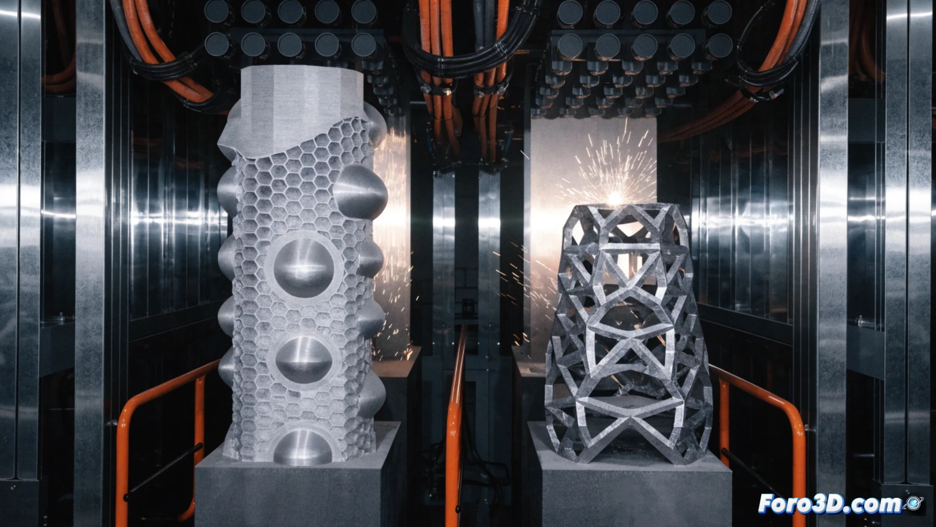 Impresora 3D metálica fabricando un componente aeroespacial complejo, con logotipos de Velo3D y defensa en el fondo.