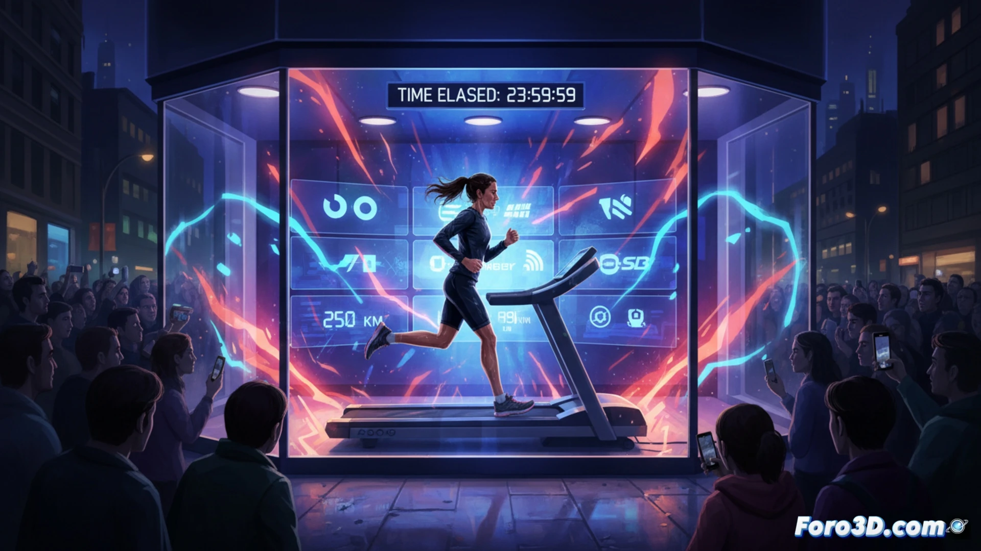 Una influencer corre 24h en una cinta dentro de un escaparate, mientras una multitud observa su esfuerzo extremo desde la calle iluminada.