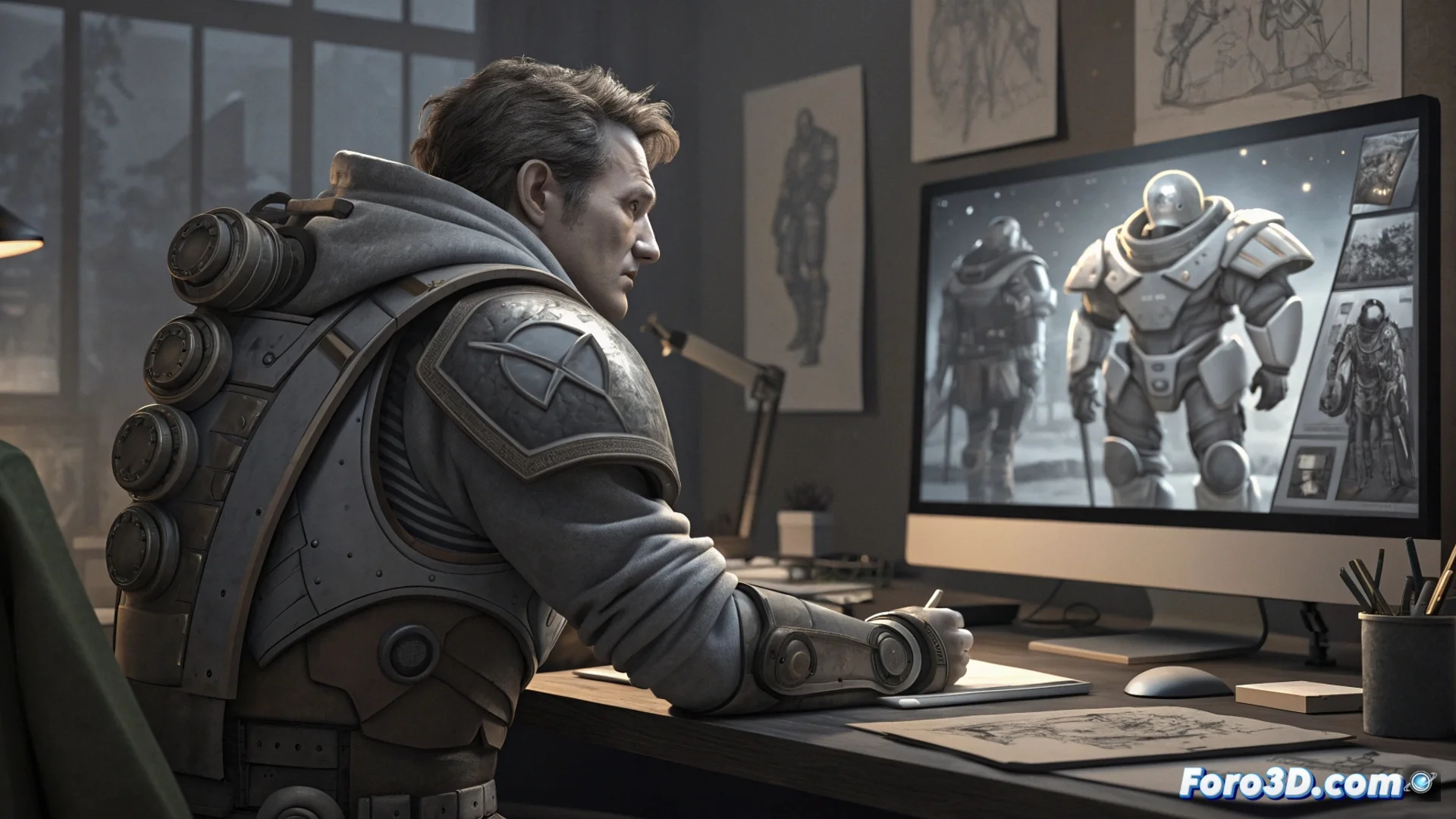 Captura de pantalla del videojuego Void War mostrando a un personaje con una armadura futurista detallada, destacando las hombreras y espaldares rediseñados.