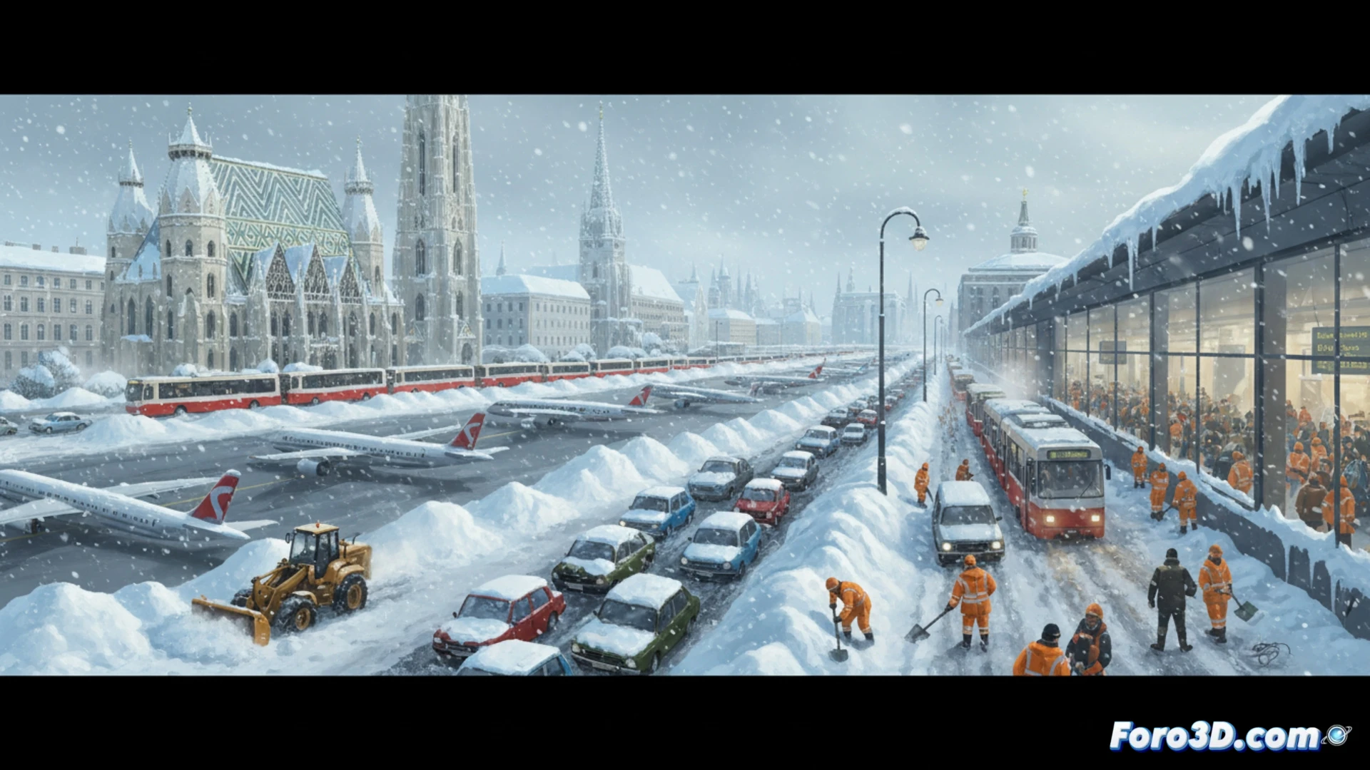 Vista aérea del aeropuerto de Viena, con aviones detenidos y cubiertos de nieve, mientras máquinas quitanieves trabajan en las pistas.