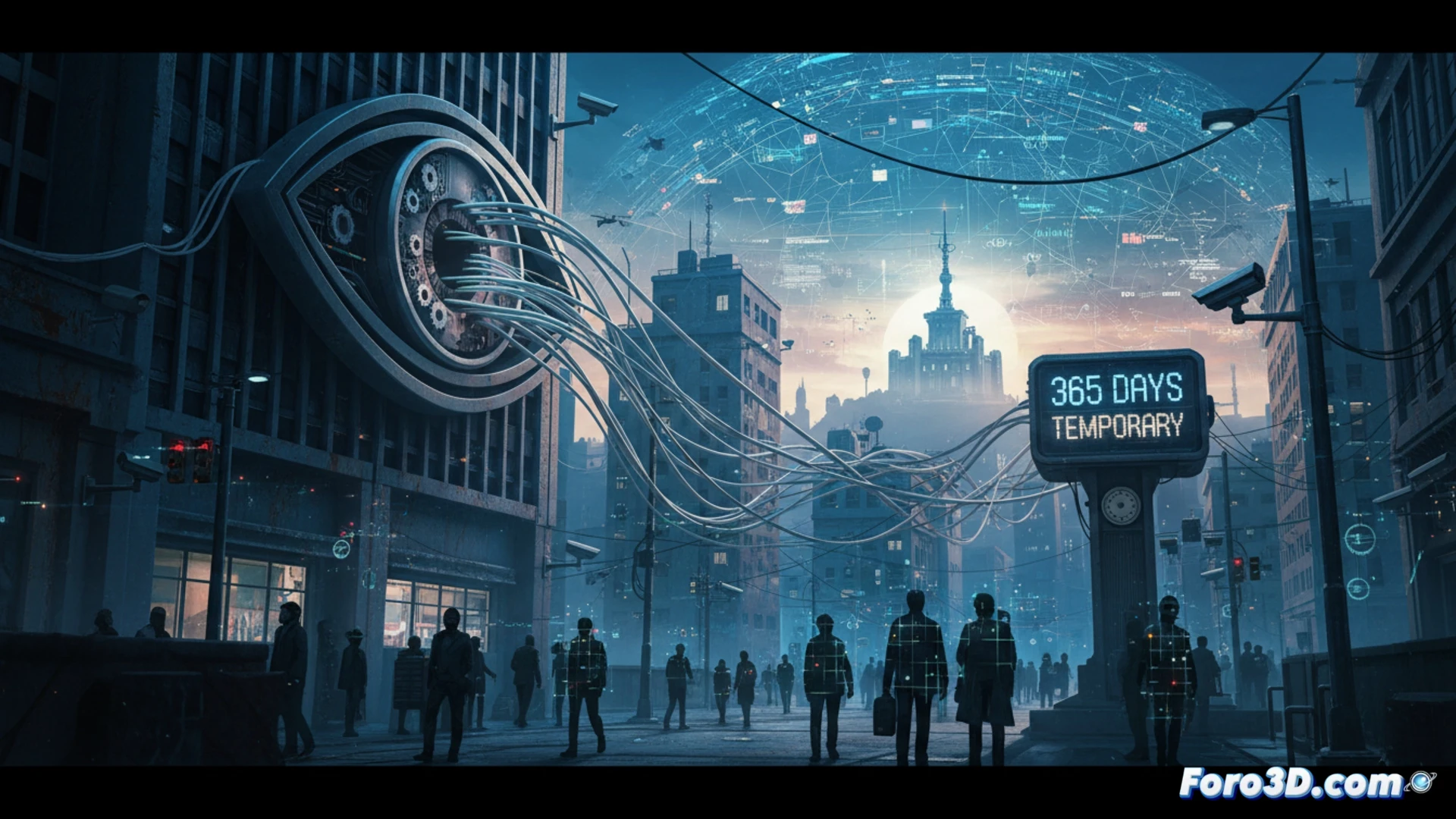 Un ojo estatal gigante sobre una ciudad, con cables de medidas temporales que se transforman en barras permanentes de una prisión.