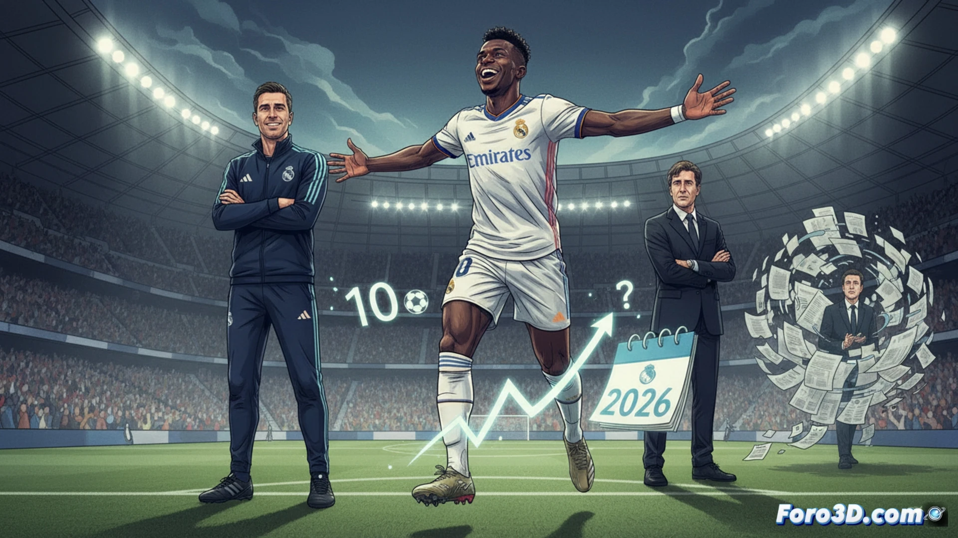 Vinicius celebra un gol con Arbeloa al fondo, en un estadio lleno y con su dorsal 7 brillante. Su expresión es de pura alegría y confianza.