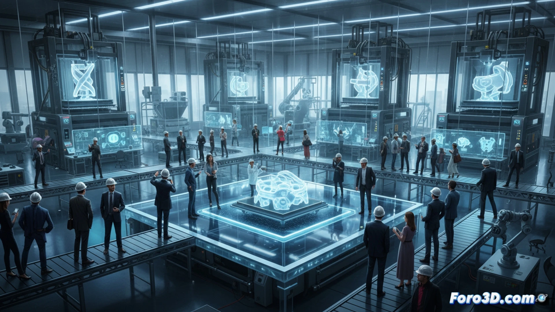 Una moderna nave industrial con impresoras 3D en funcionamiento, donde visitantes observan el proceso completo, desde pantallas digitales hasta piezas finales.
