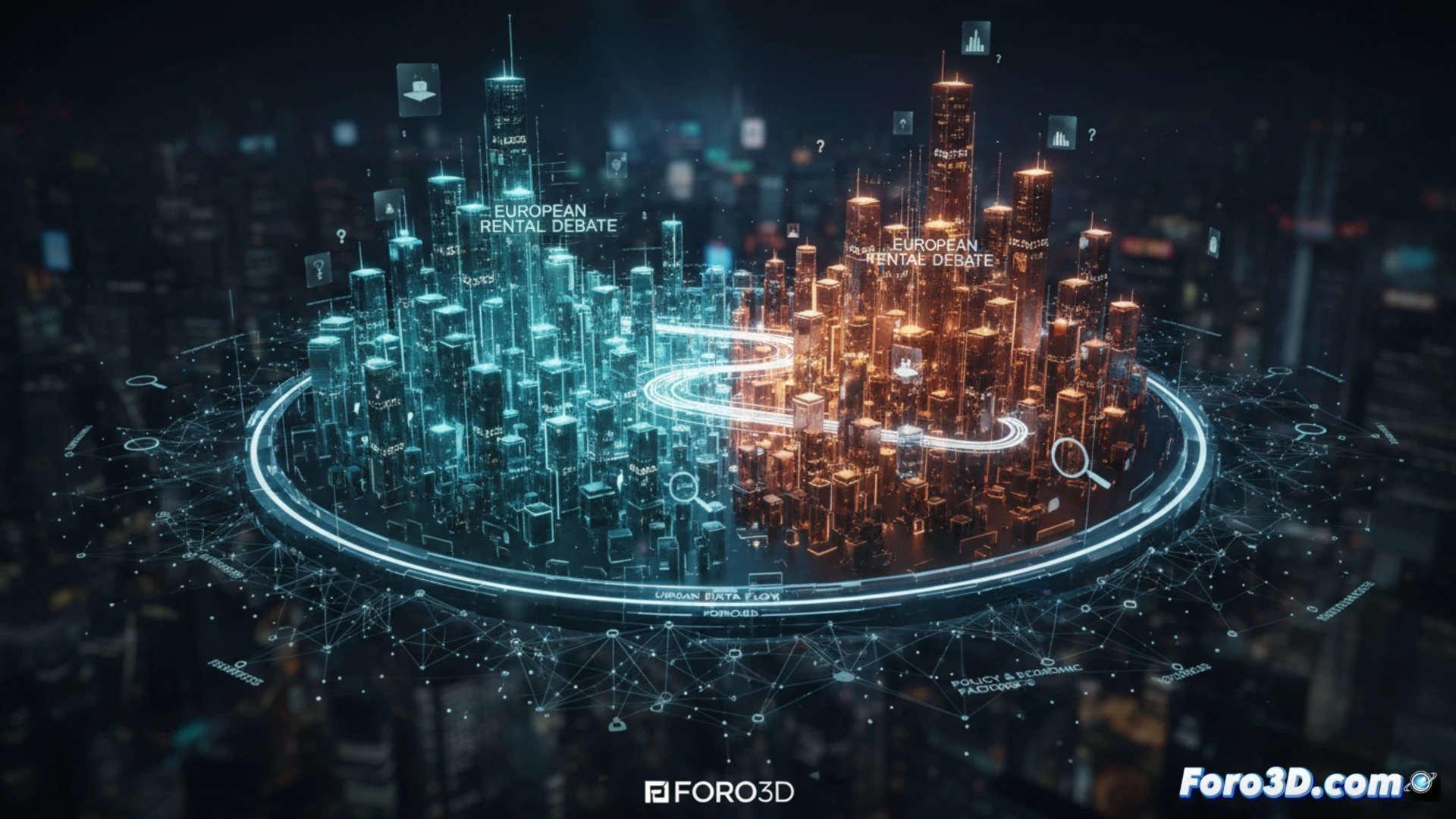 Un mapa 3D de una ciudad europea donde edificios de diferentes alturas y colores representan el precio y densidad de los alquileres en cada distrito.