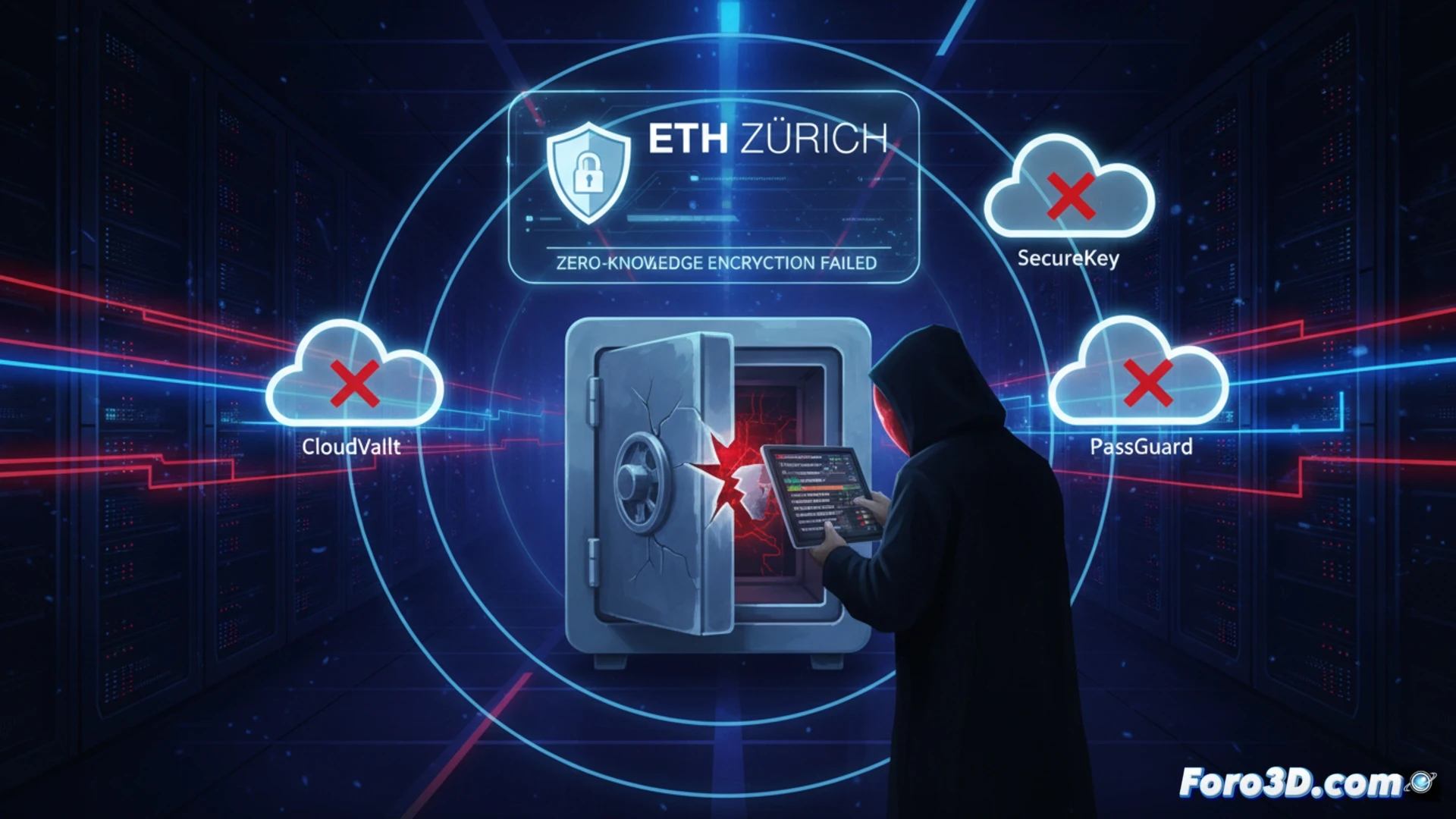 Un servidor malicioso ataca tres iconos de gestores de contraseñas (Bitwarden, LastPass, Dashlane), mostrando credenciales filtradas y alteradas en una nube digital.