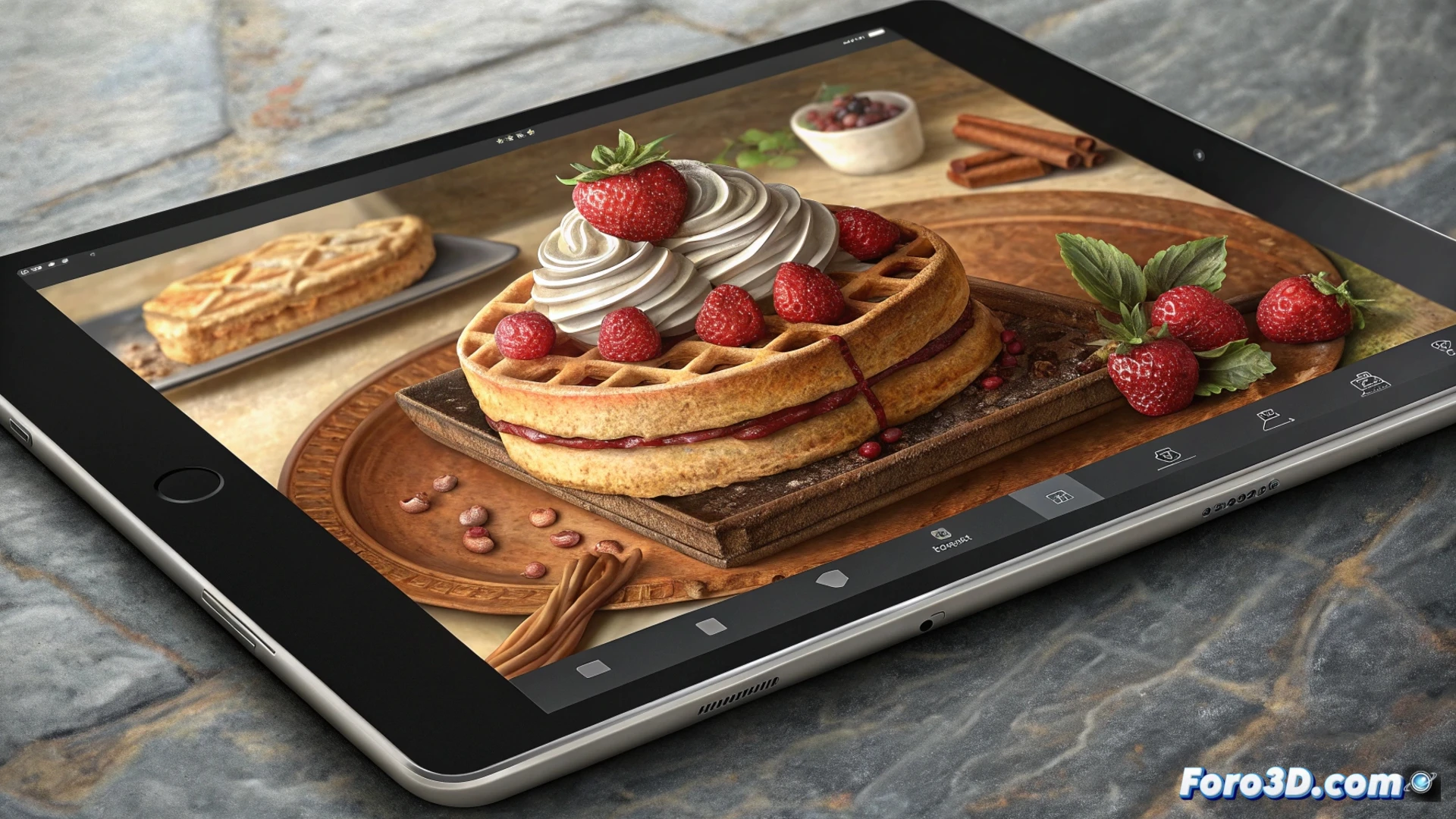 Una tableta iPad muestra la app Wafer, donde un artista pinta con pinceles estilizados la textura de color de un modelo 3D de un personaje animado.