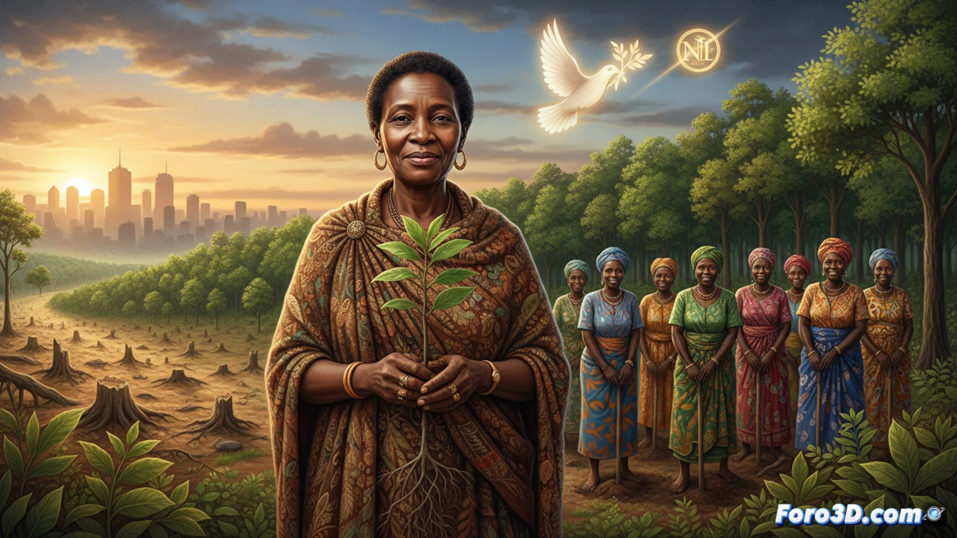 Mujeres kenianas plantan árboles bajo el sol, lideradas por Wangari Maathai, símbolo de resistencia ecológica y empoderamiento comunitario.