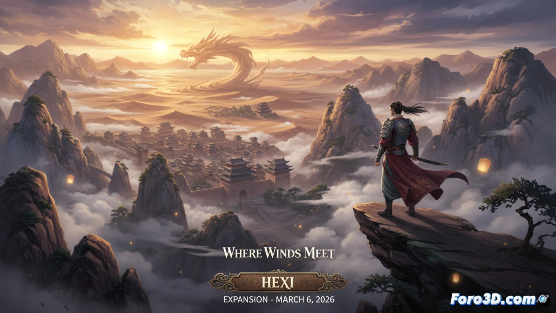 Un guerrero contempla un vasto nuevo paisaje montañoso y nevado de la expansión Hexi, con pagodas antiguas a lo lejos bajo un cielo dinámico.