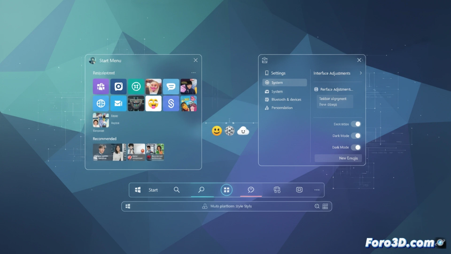 Captura de Windows 11 mostrando una barra de tareas refinada y el nuevo menú de configuración, con emojis actualizados en primer plano.