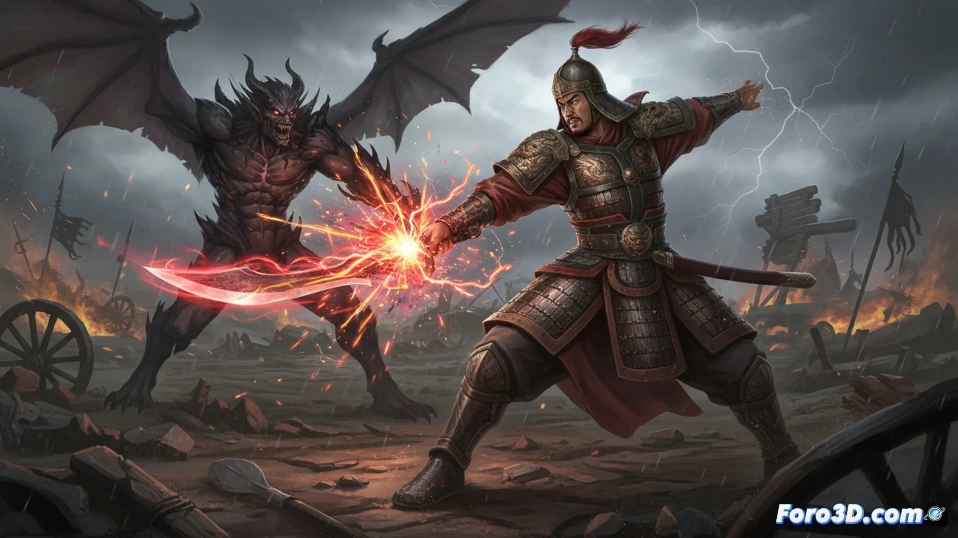 Captura de pantalla del videojuego Wo Long Fallen Dynasty mostrando un personaje en combate contra un enemigo en un entorno detallado, con efectos visuales de particulas brillantes alrededor de las armas.