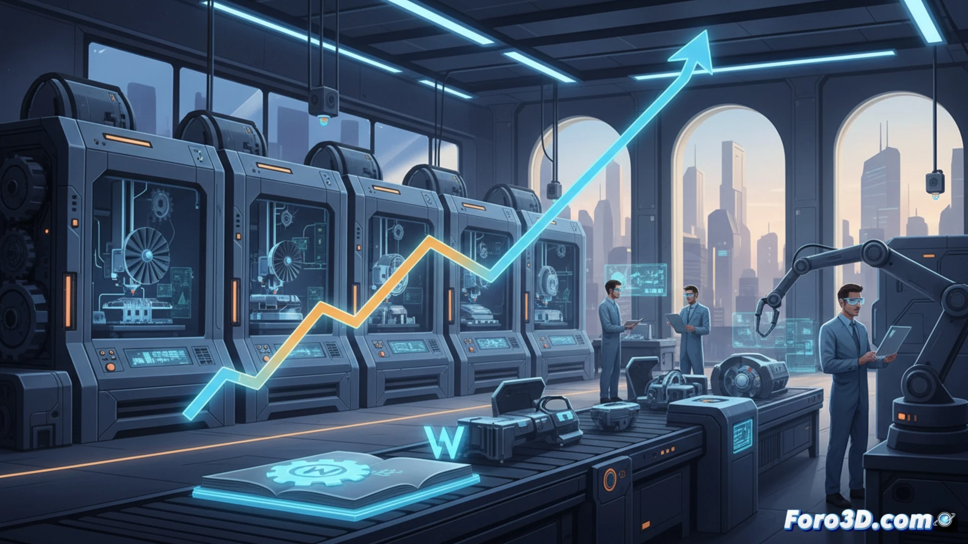 Una fábrica automatizada con impresoras 3D industriales fabricando piezas metálicas complejas para sectores aeroespacial y médico, en un entorno limpio y profesional.