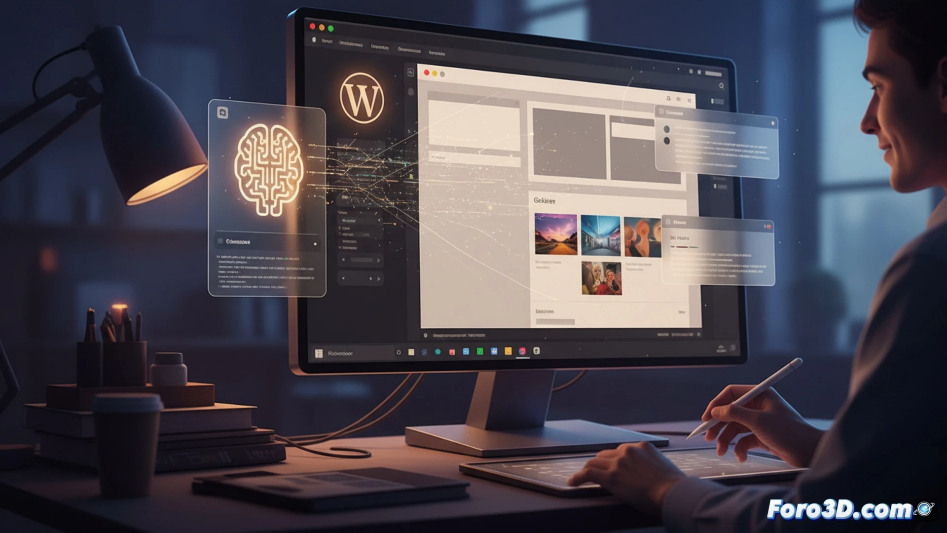 Un editor de WordPress escribe junto a un asistente de IA holográfico que sugiere cambios en el diseño de una página web en tiempo real.