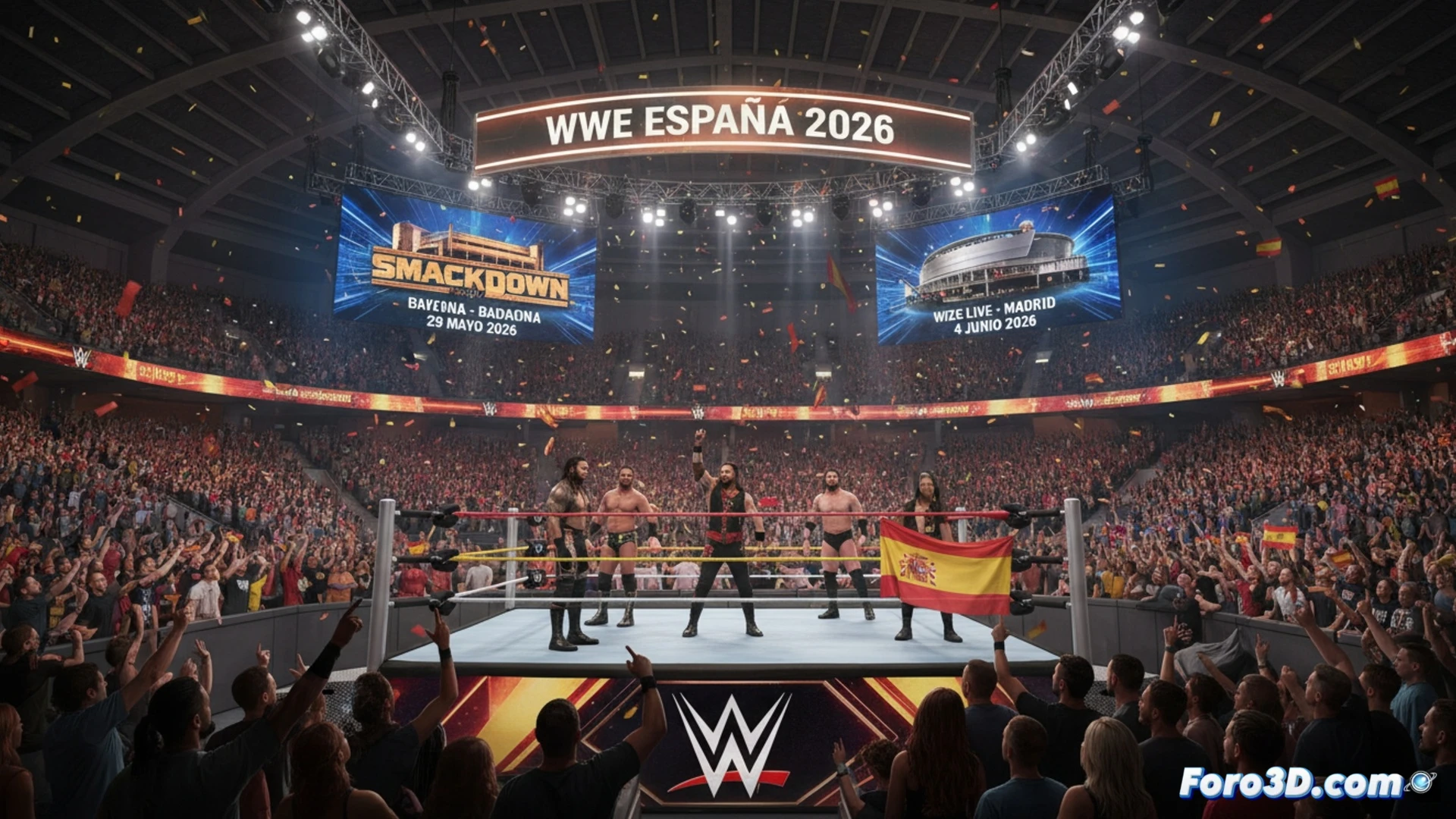 Un luchador de WWE en el centro del ring, con el logo de la empresa y las banderas de España y Cataluña proyectadas en el fondo de un estadio lleno.