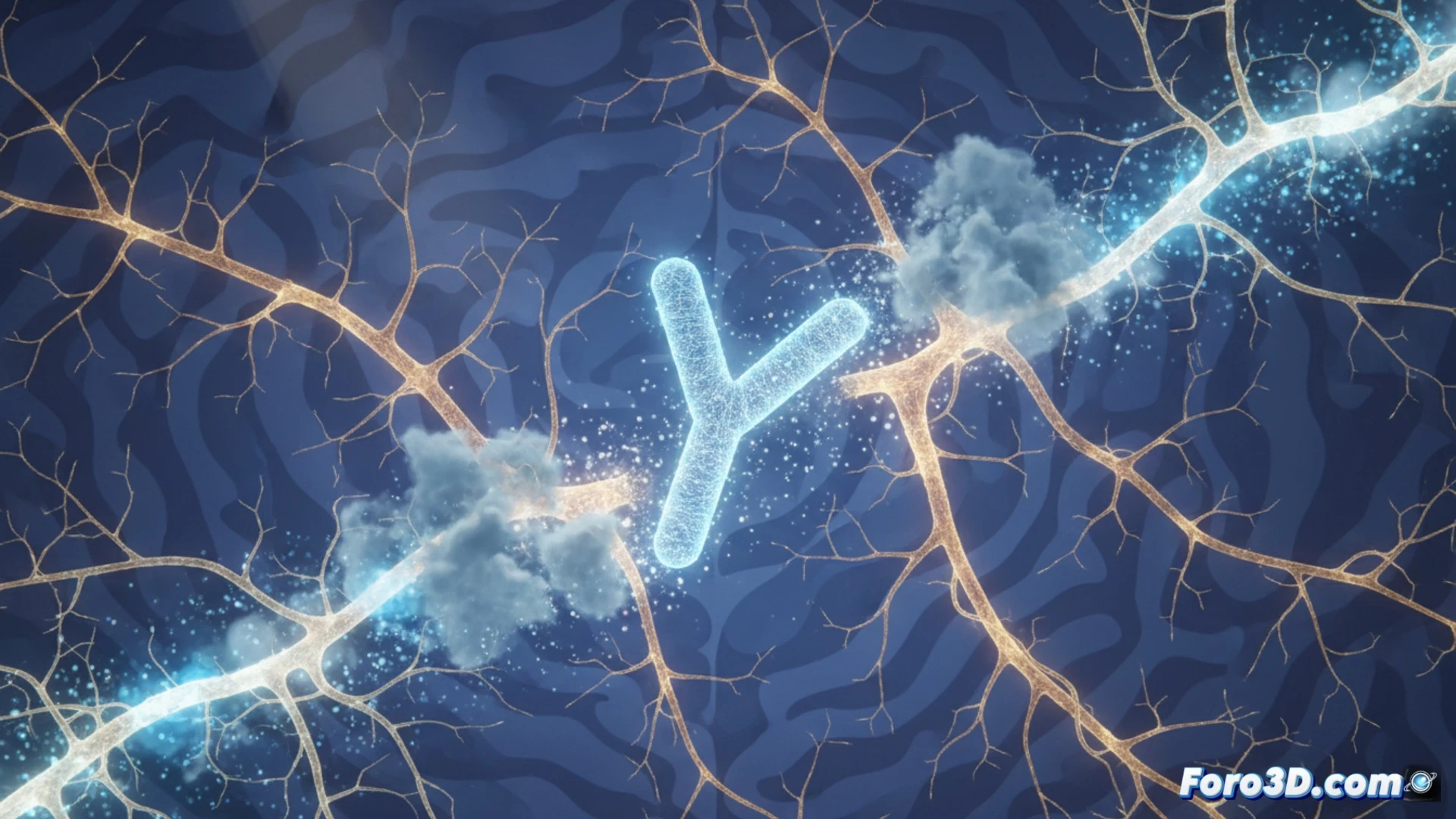Ilustración conceptual que muestra un cerebro humano con conexiones neuronales iluminadas, donde unas estructuras similares a placas oscuras (beta-amiloide) son atacadas por moléculas con forma de Y (anticuerpos) que las disuelven, simbolizando la acción del lecanemab.