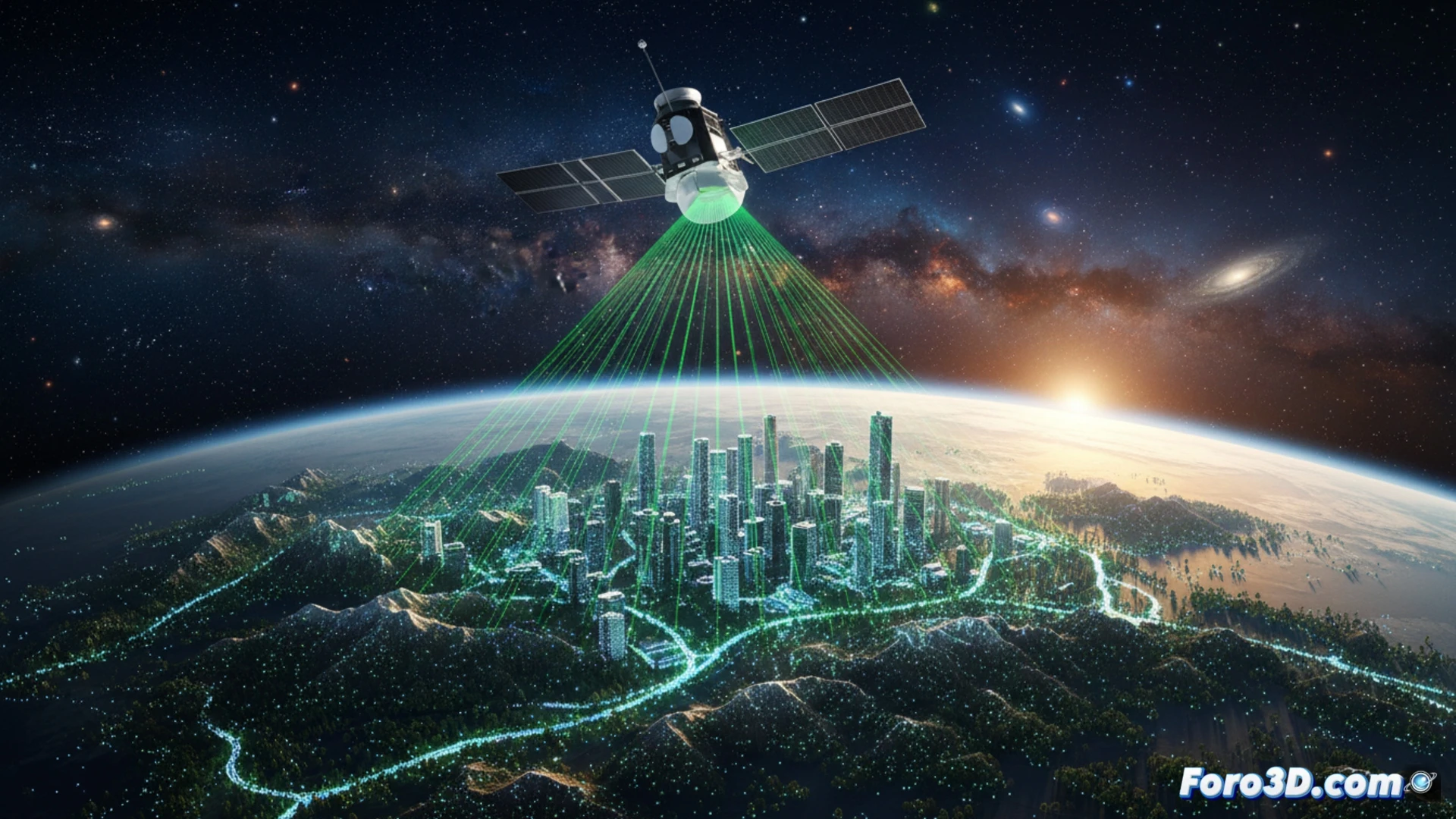 Ilustración conceptual de un satélite en órbita terrestre emitiendo haces de luz láser LiDAR hacia la superficie del planeta, creando una nube de puntos tridimensional detallada de montañas, bosques y ciudades.