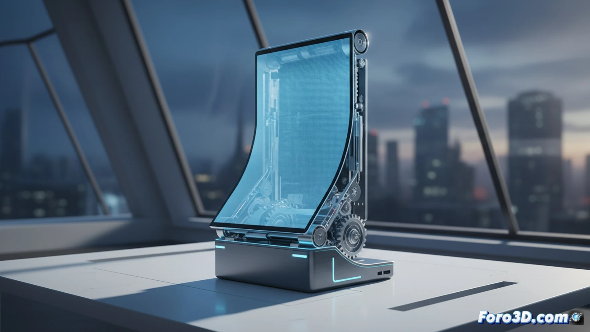 Concepto de portátil Lenovo con pantalla OLED flexible enrollándose parcialmente sobre su base, mostrando la transición entre un tamaño compacto y uno extendido.