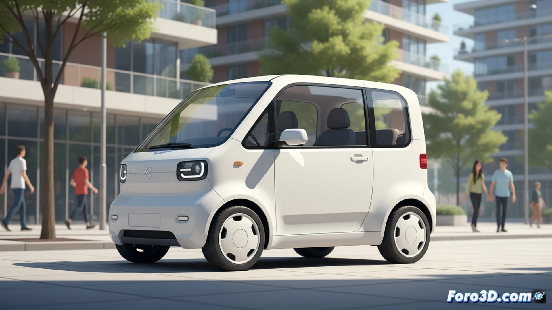 Vista lateral del Dongfeng Box, un vehículo eléctrico de forma cuadrada y compacta, estacionado en una calle urbana, destacando su diseño de paralelepípedo simple y funcional.