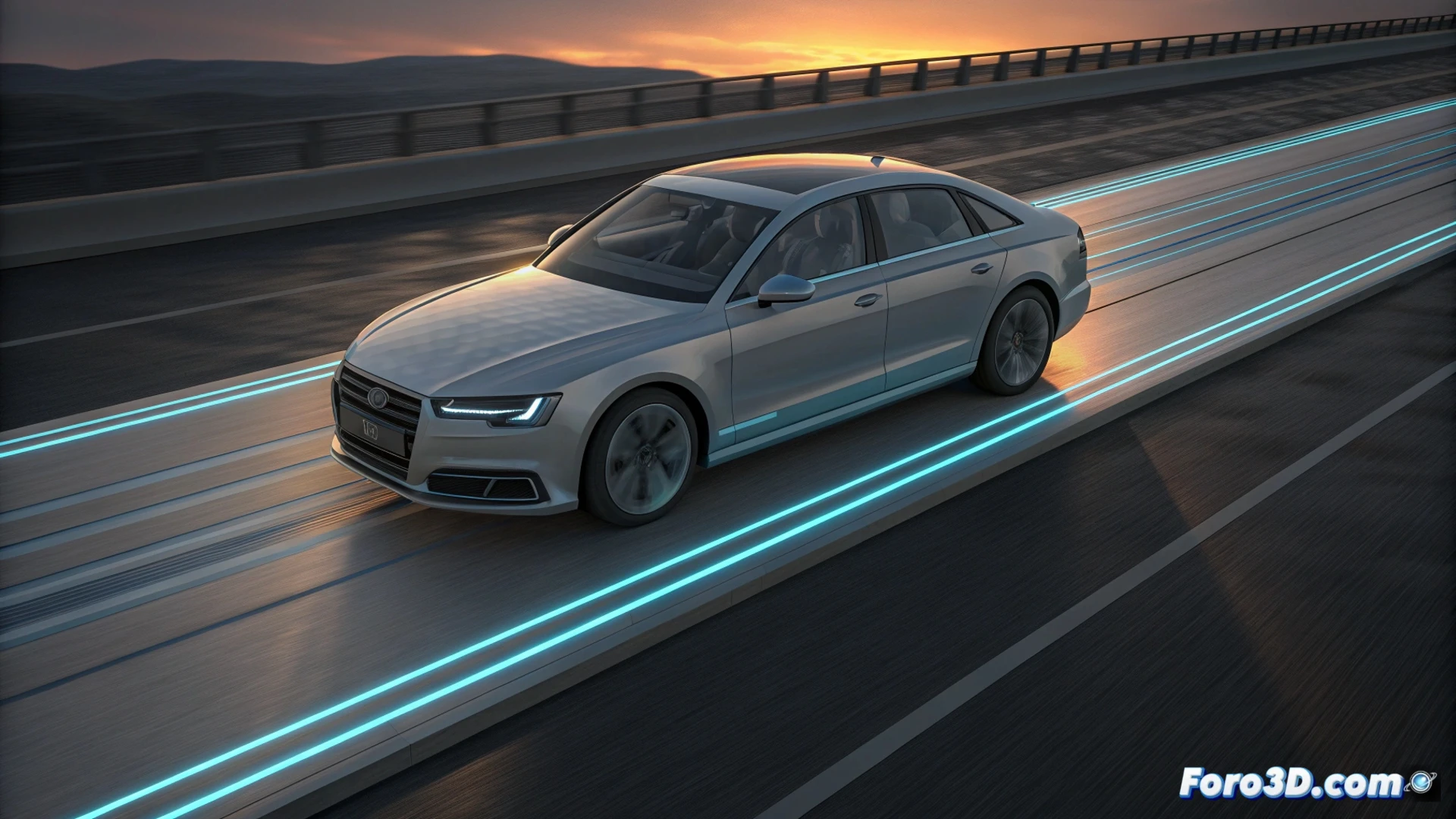 Concepto del futuro Audi A6 e-tron cargando su batería de forma dinámica mientras circula por una autopista con tecnología de inducción integrada en el pavimento.
