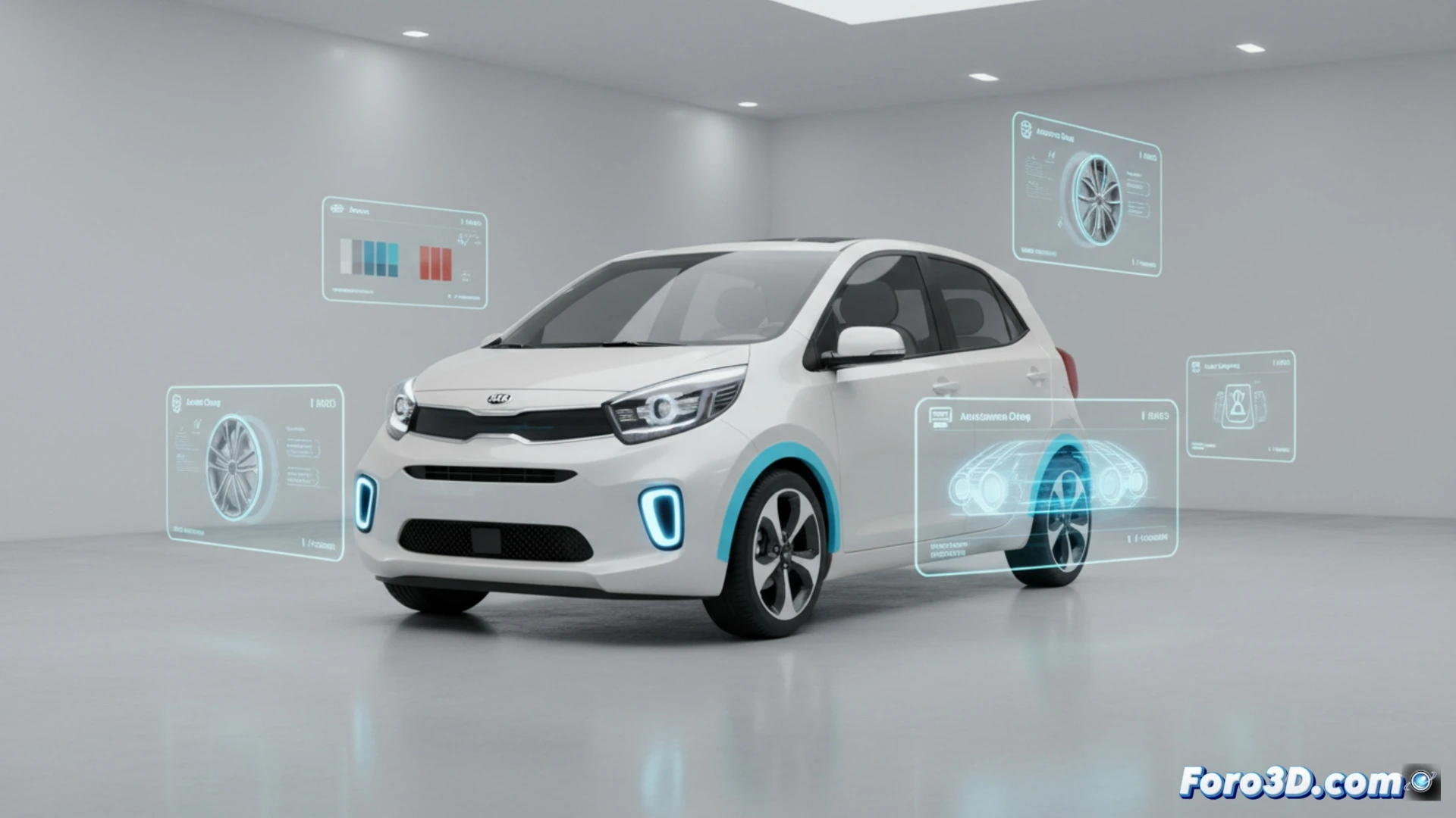 Render conceptual futurista del Kia Concept Picanto, un hatchback compacto con líneas dinámicas y luces LED delgadas, mostrado en un entorno urbano digital.