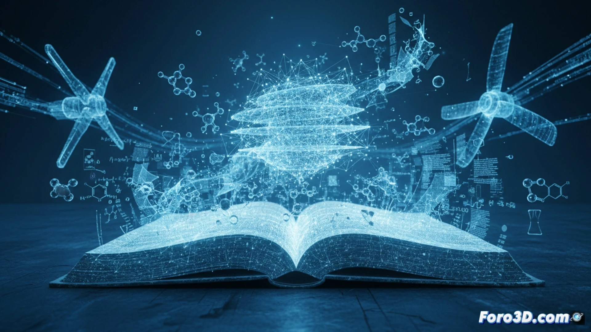 Ilustración conceptual de una inteligencia artificial escaneando y conectando miles de documentos científicos y fórmulas moleculares, con un imán brillante en el centro. Estilo digital futurista.