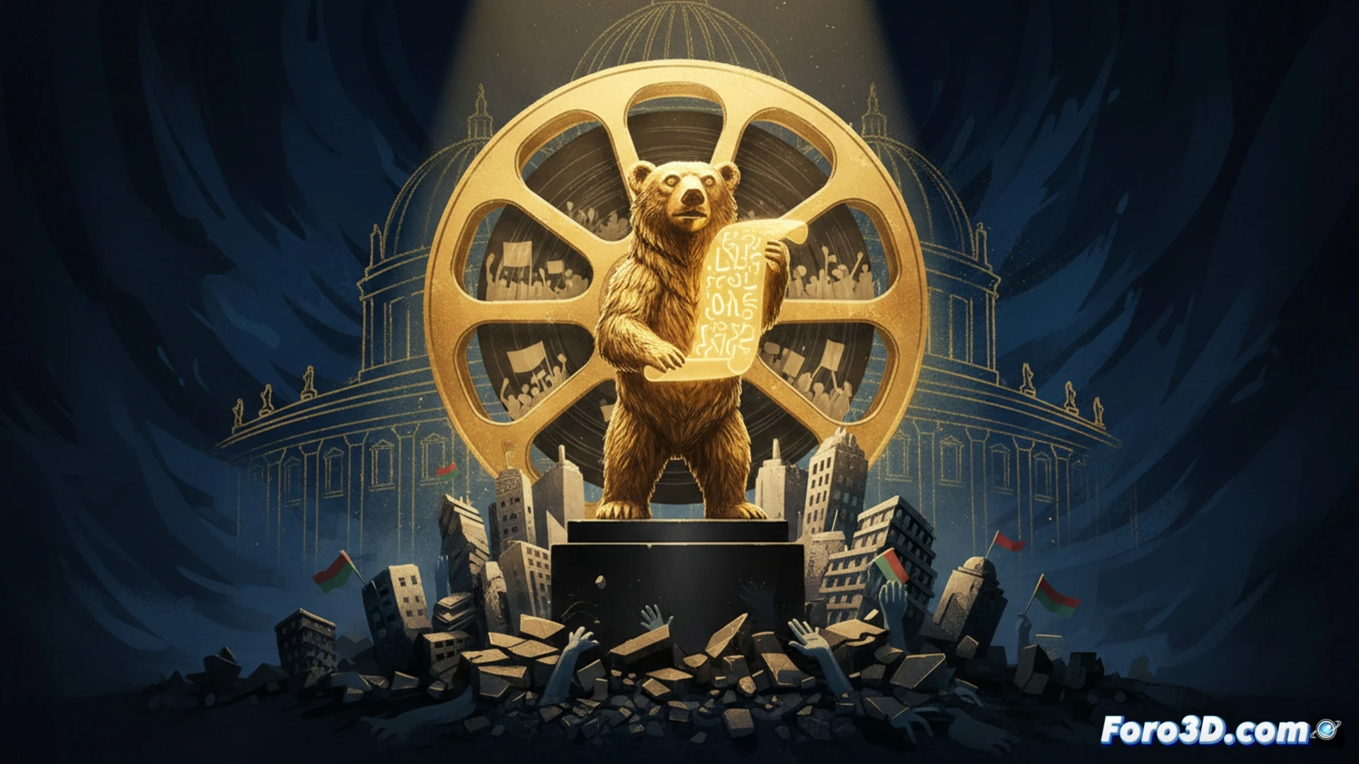 Un director y actriz turcos observan, tensos, una pila de cartas amarillas amenazadoras sobre una mesa, símbolo de persecución política.