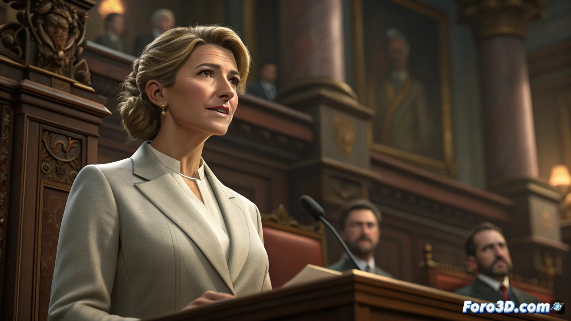 Yolanda Díaz, seria y pensativa, ante un micrófono anunciando su decisión, con banderas de España y Galicia al fondo.