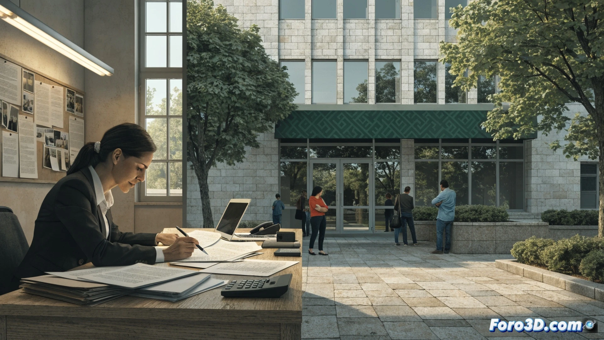 photorealistic scene of a crowded municipal summer school entrance, parents with young children pressing against a glass door showing a limited capacity sign, only a few children playing inside while many families wait outside, contrast between empty interior space and overflowing exterior crowd, frustrated parents checking phones or holding work documents, children looking through glass, warm summer sunlight casting long shadows, architectural details of public building, cinematic documentary style, realistic textures of concrete and glass, emotional tension in body language, no text or numbers visible