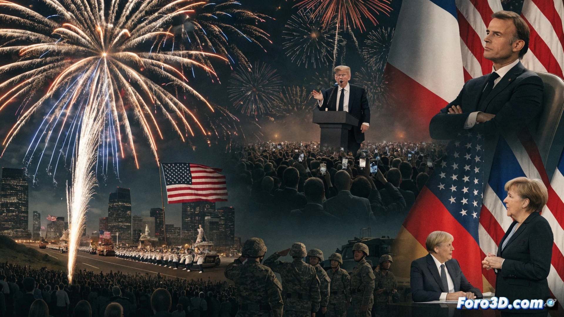 Fuegos artificiales sobre el Capitolio iluminando el cielo nocturno, un poderoso discurso de Donald Trump desde un podio presidencial, pantallas gigantes mostrando felicitaciones globales de líderes como Carlos III y Zelenski, ciudadanos observando con banderas americanas, un mapa digital brillante de alianzas internacionales conectadas por líneas de datos, costo de vida representado por gráficos de barras en rojo sobre un fondo de ciudad, estilo cinematic photorealistic, iluminación dramática de celebración, detalles técnicos de pantallas LED y sistemas de sonido, acción simultánea de celebración y preocupación económica.