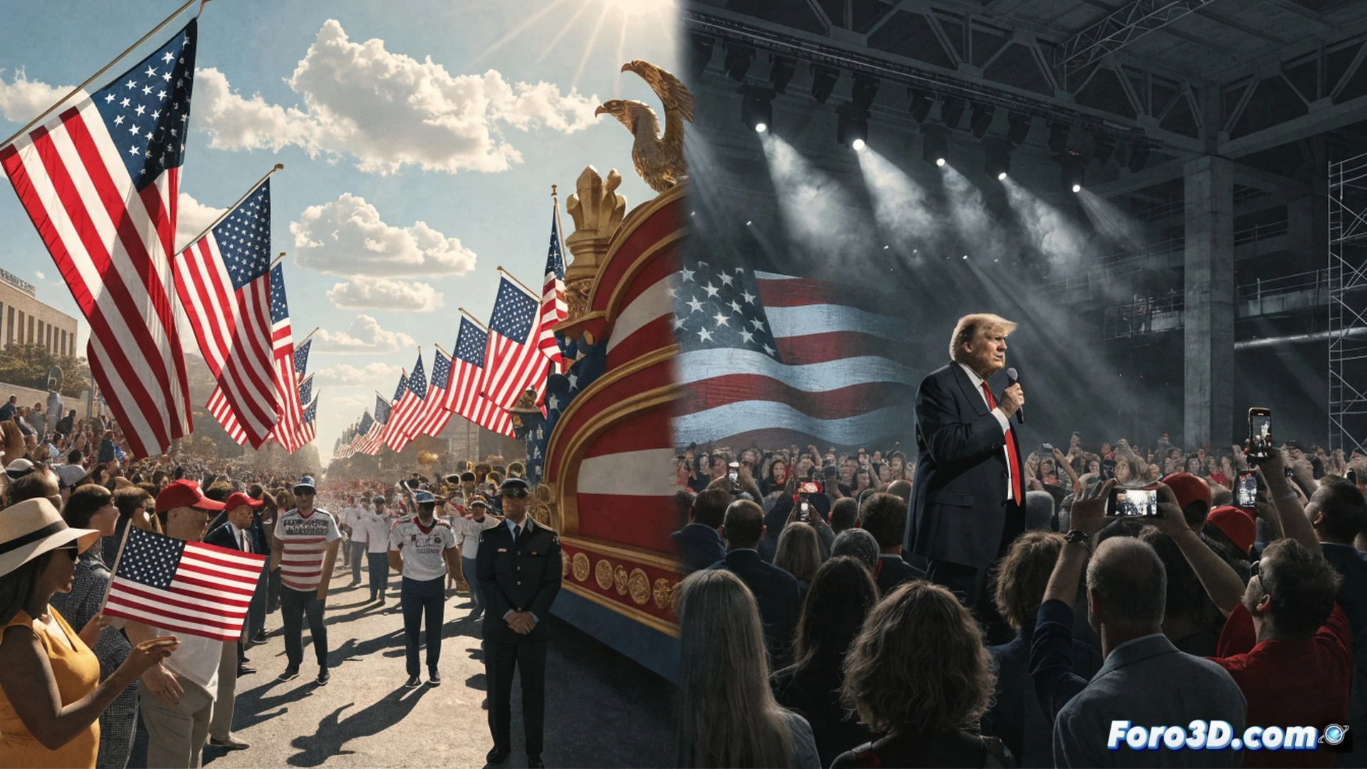 cinematic wide shot of a massive stadium divided in two halves, left side showing official America 250 stage with diverse crowd holding hands, right side showing Freedom 250 rally with Trump speaking at podium, giant American flag backdrop splitting in half, digital billboards displaying contrasting slogans, security drones hovering above, photorealistic political illustration, dramatic sunset lighting, deep red and blue color separation, crowd tension visible in body language, ultra-detailed facial expressions, polarized atmosphere, high-contrast cinematic render