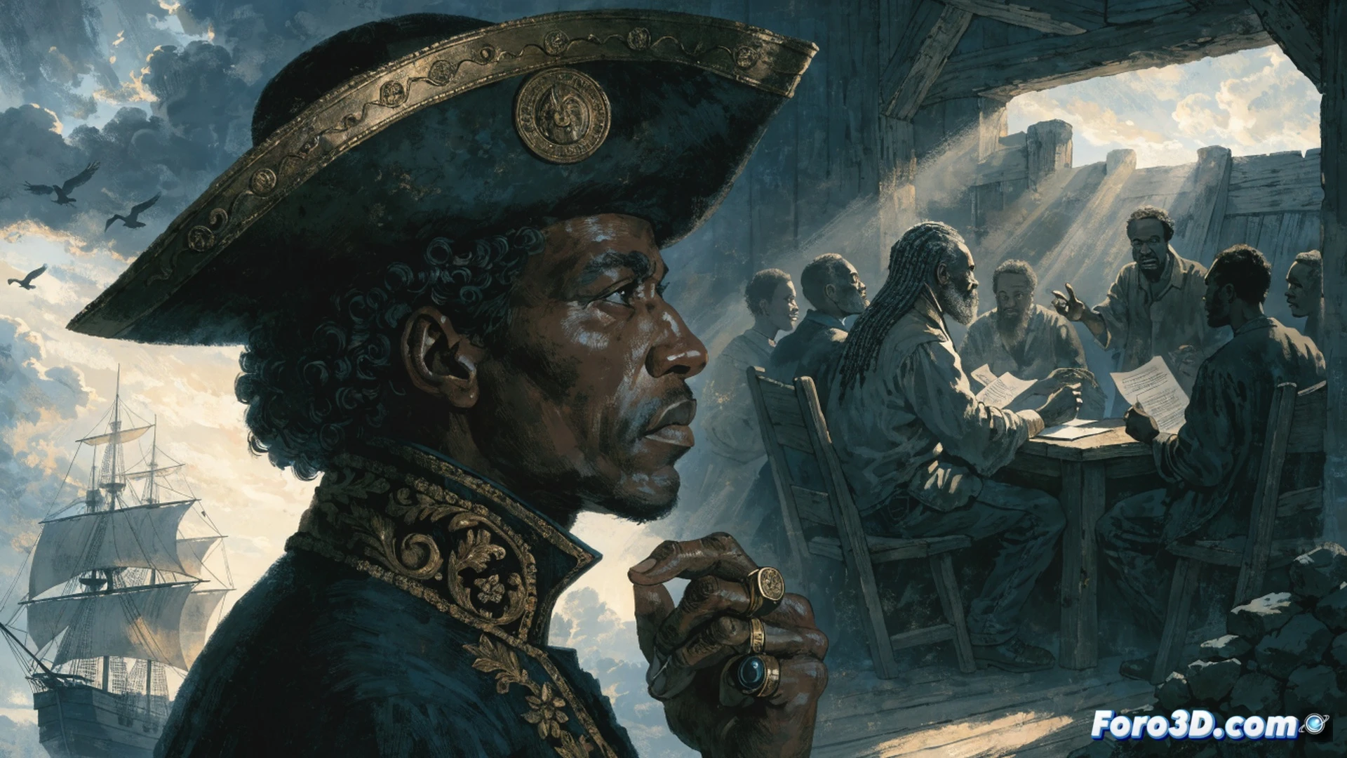 18th century harbor scene during American Revolution, Black soldiers and dockworkers loading wooden barrels onto a sailing ship while others assemble muskets on cobblestone pier, maritime tools scattered including pulleys and rigging ropes, dramatic sunset lighting casting long shadows, cinematic historical visualization, oil painting texture with photorealistic details, colonial architecture in background, ship masts silhouetted against orange sky, period-accurate clothing with worn fabric textures, palpable sense of collective effort and determination