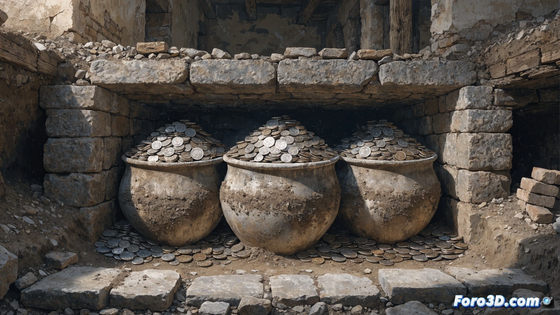 Archaeologists excavating ancient Roman ruins in France, three terracotta clay pots being carefully unearthed from beneath a stone floor, thousands of bronze and silver coins spilling out in a cascading pile, dirt-covered hands using small trowels and brushes to reveal the hoard, a wooden chest nearby showing household storage system, dramatic archaeological site lighting, soft dirt particles floating in sunbeams, photorealistic documentary style, ultra-detailed coin textures with emperor profiles, cracked pottery edges, Roman villa foundation stones visible, cinematic depth of field, historical preservation atmosphere