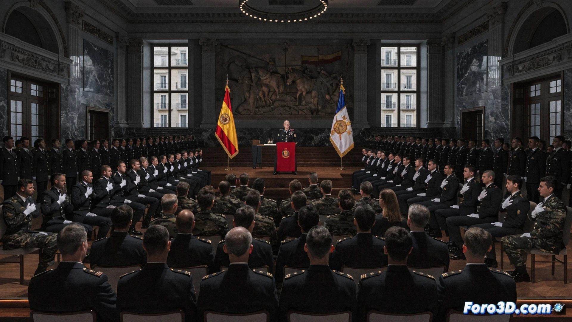 military graduation ceremony at Academia General Militar de Zaragoza, 485 new officers standing in precise formation on parade ground, raising right hands in oath while holding ceremonial sabers, Spanish flag waving in wind, Jefe de Estado Mayor del Ejército de Tierra inspecting ranks from podium, gold epaulettes and dress uniforms with polished brass buttons, historic stone academy building in background, dramatic golden hour sunlight casting long shadows, photorealistic cinematic style, ultra-detailed fabric textures, solemn expressions, military precision, clear blue sky with soft clouds, patriotic solemn atmosphere