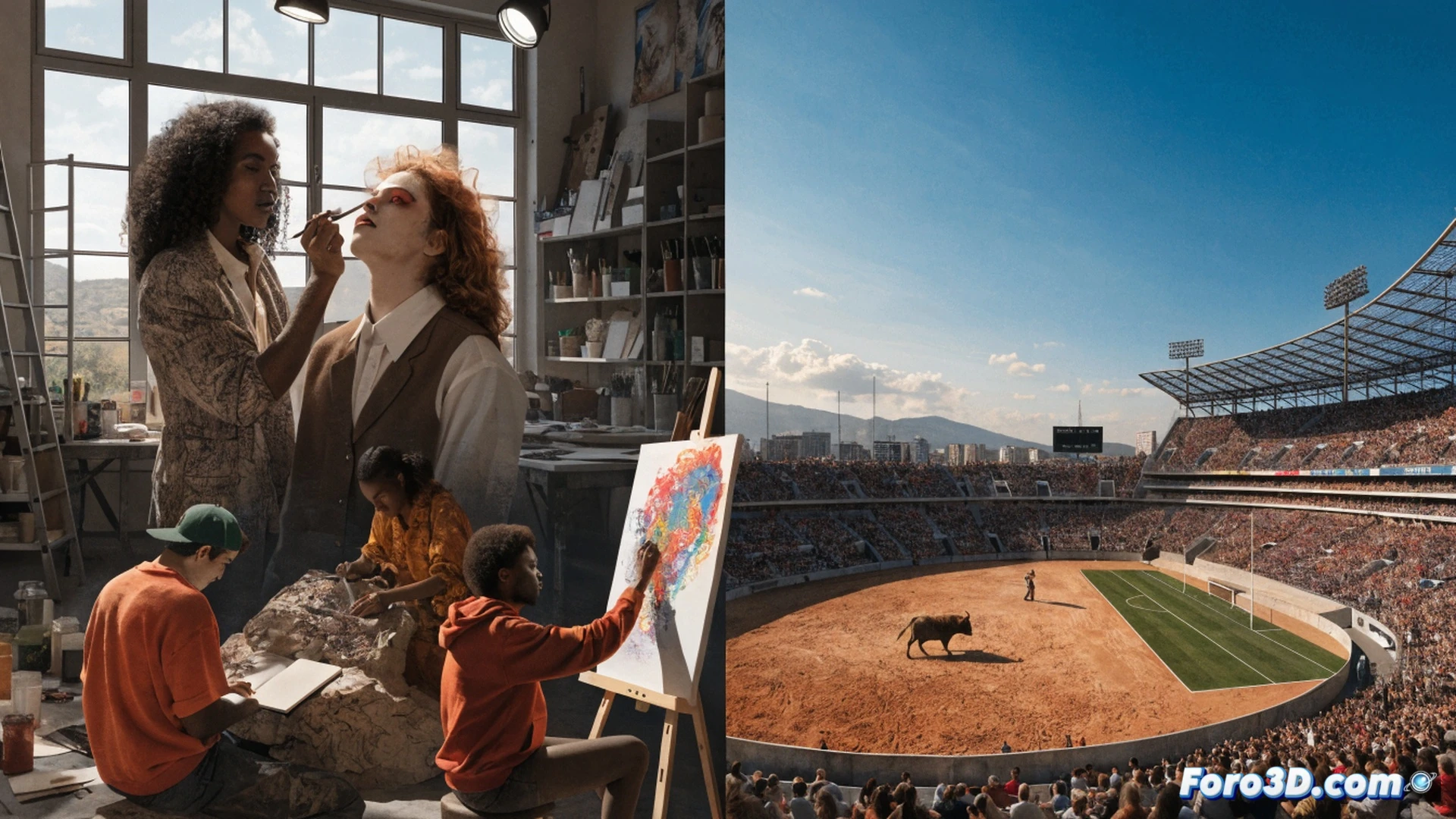 five disabled artists in wheelchairs working at cramped metal tables, each using a single worn tablet or basic digital drawing tool, a tiny stack of euro coins next to each artist, while in the background a massive luxury stadium and a bullring glow with floodlights and crowds, a thick chain of golden million-euro symbols wraps around the stadium, the artists' workspace is dim and cluttered with exposed cables and cheap office chairs, cinematic photorealistic illustration, dramatic chiaroscuro lighting, contrast between gritty foreground and opulent background, sharp focus on tools and coins, slight vignette, technical documentary style