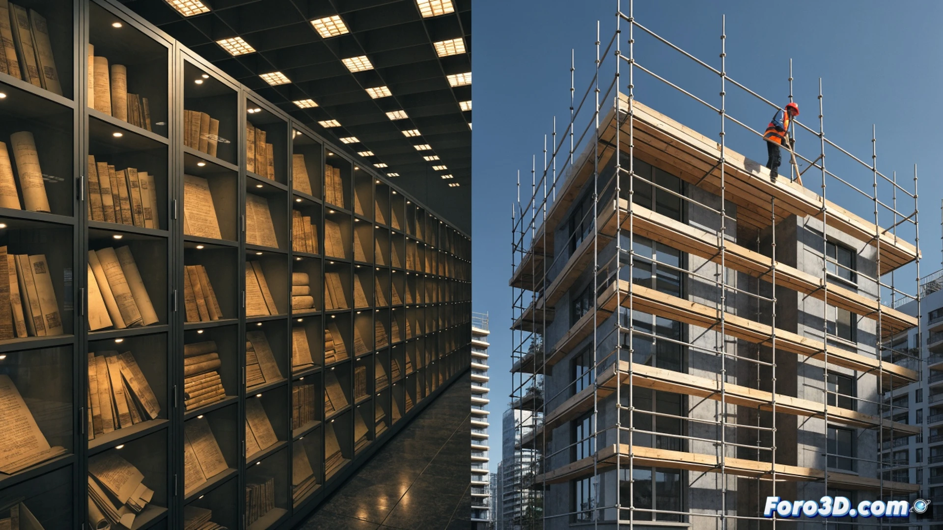 photorealistic architectural comparison scene, left side showing a massive sterile archive building with rows of metal shelving and historical documents, right side showing a dense block of modular affordable housing units being constructed, a transparent digital overlay showing 98 million budget allocation shifting from archive to housing multiplication, construction workers actively installing prefabricated wall panels, cranes lifting building modules, blueprints and cost analysis charts visible on a tablet, dramatic split lighting with cool blue tones on archive side and warm amber on housing side, cinematic technical illustration, ultra-detailed urban development visualization, clear visual contrast between preservation and habitation priorities