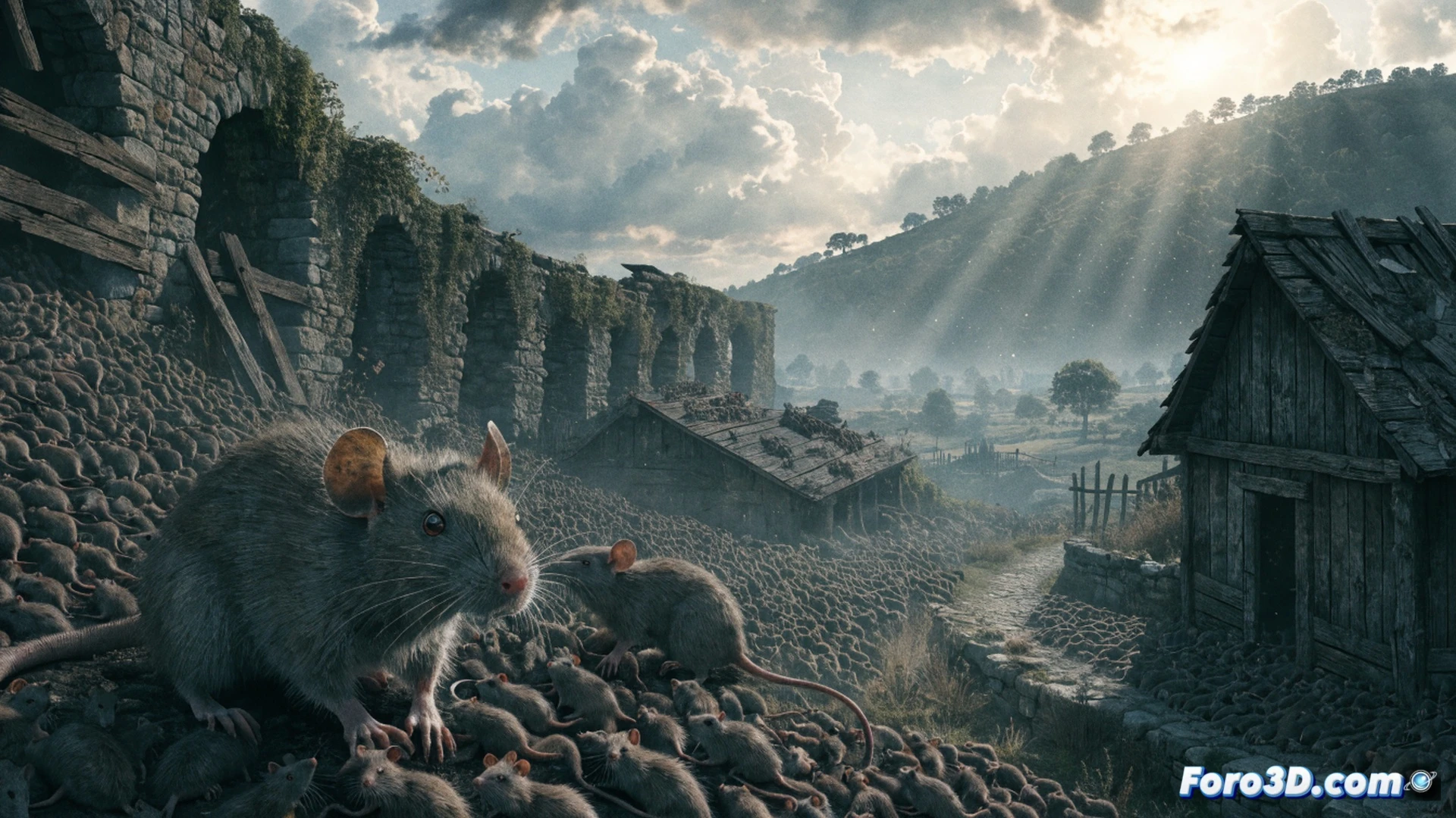 medieval French village square at dusk, 300,000 rats flowing like a dark fluid tsunami over cobblestones and wooden carts, wave of rodents crashing against stone walls and church doors, volumetric dust particles illuminated by distant torchlight, rats climbing over each other in layered masses, Asobo Studio engine rendering massive swarm simulation, cinematic photorealistic technical visualization, dynamic fluid-like movement with individual rat details visible at front, environmental occlusion shadows deep under archways, wet cobblestones reflecting faint orange glow, ultra-detailed medieval architecture with decay and moss, atmospheric volumetric fog rolling through streets, dramatic low-angle perspective showing overwhelming scale, realistic fur textures and swarm physics, dark moody palette with sickly green and brown tones