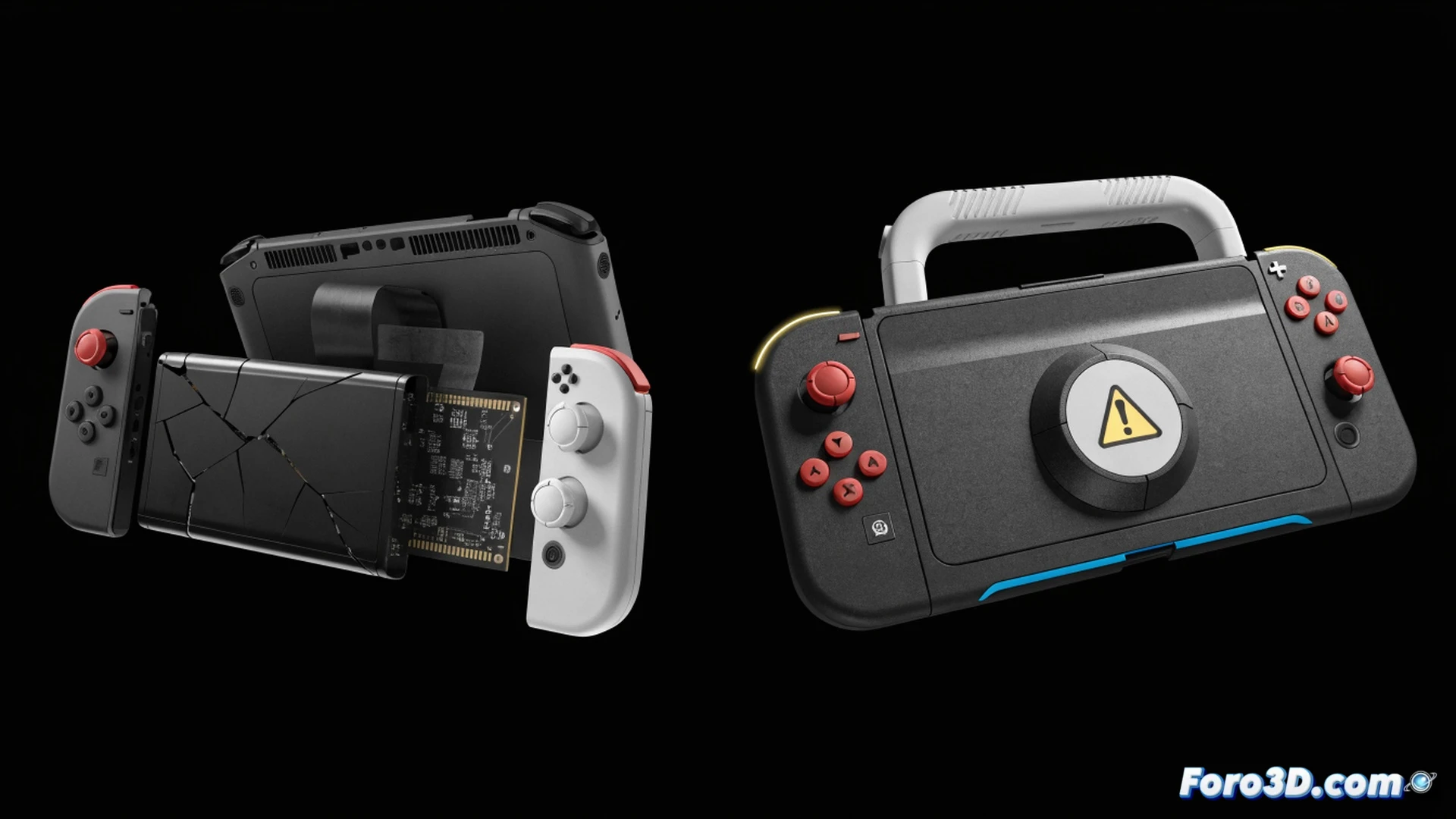 Nintendo Switch console disassembly line in a European factory, robotic arms removing back panels to expose internal lithium batteries, battery cells glowing with warning symbols while EU regulatory documents float above as holograms, conveyor belt halting production in February 2027, cinematic engineering visualization, metallic blue and grey industrial machinery, dramatic overhead lighting casting long shadows, sparks from cutting tools, photorealistic technical illustration, detailed circuit boards and battery connectors visible, action of manufacturing process coming to a stop