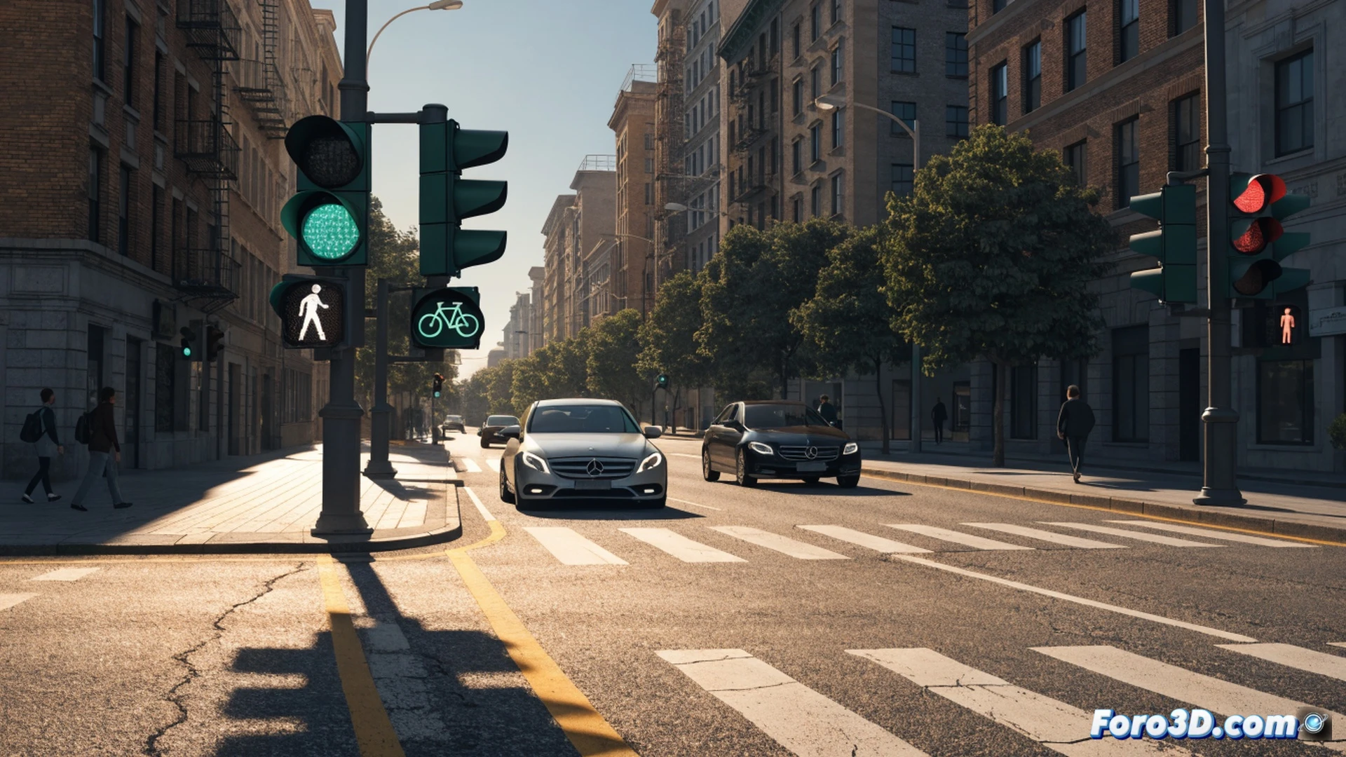 crosswalk at a modern urban intersection, a semaphore with a fixed green light illuminating an empty crosswalk while a red light glows above a stopped car, a pedestrian with a cane stepping onto the zebra crossing, another car approaching from distance with brake lights on, clear traffic light lenses showing no amber flashing, technical diagram overlay showing the removed amber phase with a red X, cinematic photorealistic rendering, high-contrast street lighting, wet asphalt reflecting signal colors, precise engineering visualization of traffic control hardware, safety-focused composition