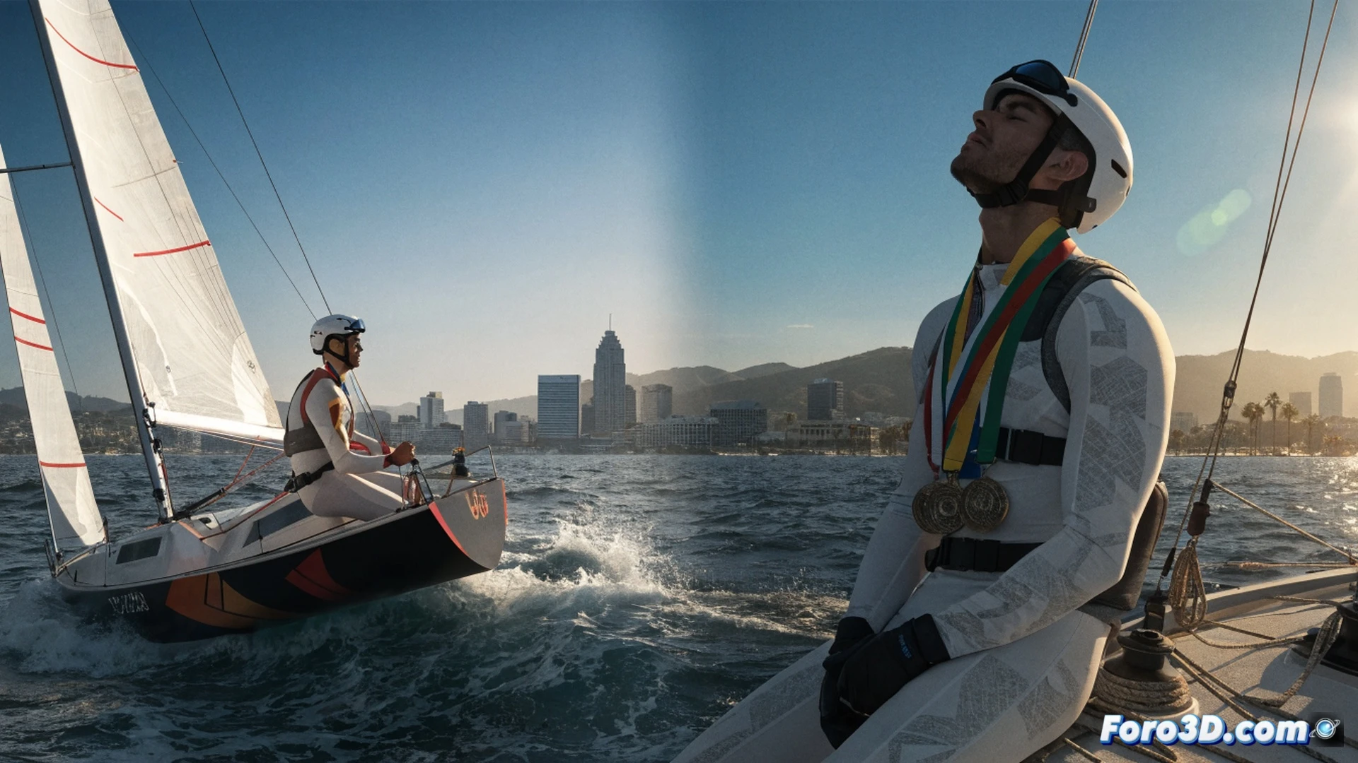Adrián Miramón remando a máxima potencia en un bote de competición durante el Long Beach Sprints, aguas azules con olas suaves bajo el sol californiano, pala del remo cortando el agua mientras gotas salpican el casco de fibra de carbono, horizonte con el skyline de Long Beach al fondo, postura de esfuerzo extremo con músculos tensos y respiración controlada, medallas colgando del cuello reflejando destellos dorados, bandera de España ondeando en la grada, estilo cinematográfico deportivo, iluminación natural dorada del atardecer, profundidad de campo con el mar desenfocado, photorealistic sports photography render