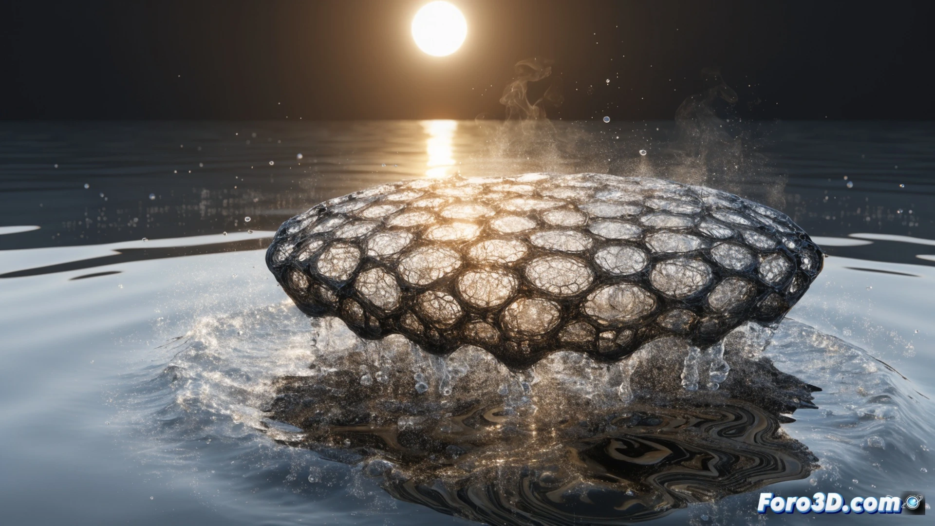 aerogel graphene filter floating on sunlit water, contaminated liquid being drawn upward through black porous structure, steam rising rapidly from heated surface, vapor condensing on transparent dome into purified droplets, cross-section view showing internal honeycomb carbon lattice absorbing sunlight, technical illustration style, photorealistic materials with soft glow on graphene aerogel, blue water contrasting with dark carbon, bright sun rays penetrating surface, clean engineering visualization, macro detail of evaporation process in action