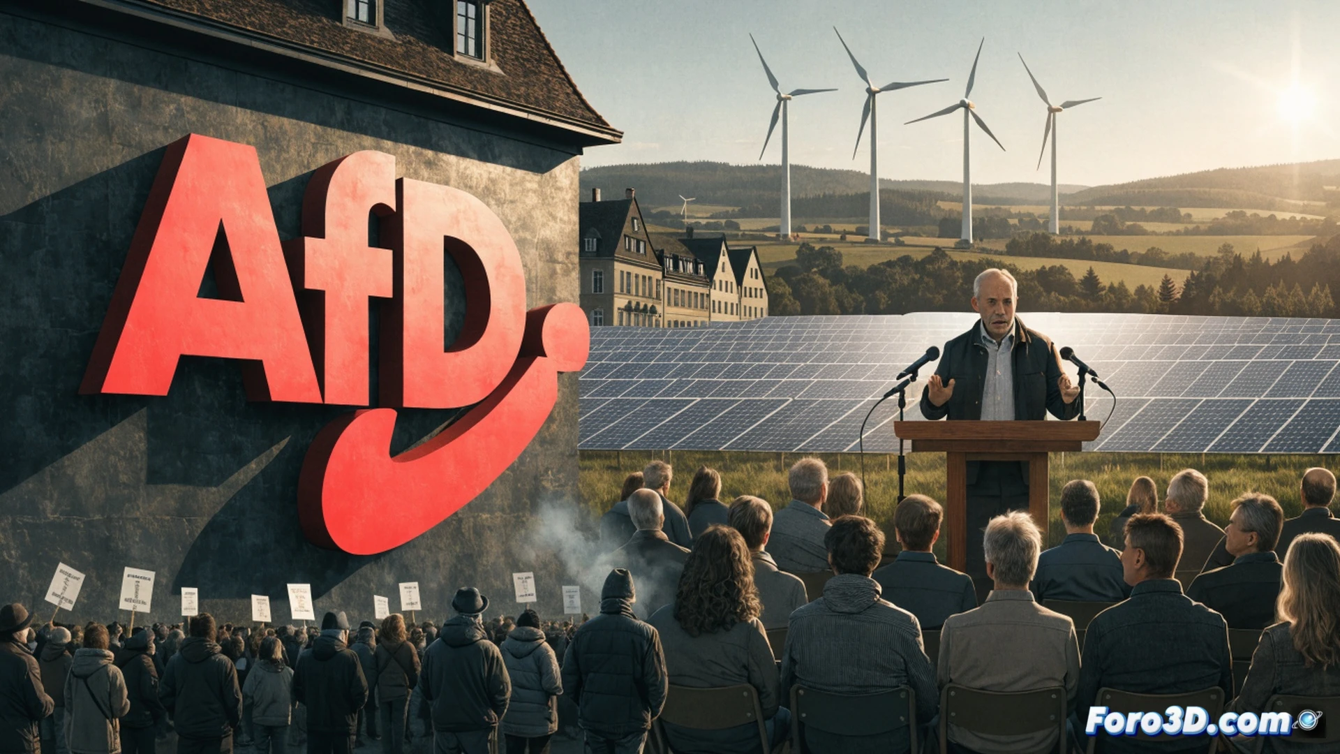 solar panel field and wind turbine construction site, AfD mayor in suit shaking hands with renewable energy engineer, both standing near photovoltaic array being installed, wind turbine blades being lifted by crane in background, photorealistic engineering visualization, bright sunny day, contrast between political speech and local action, construction vehicles and technical equipment visible, realistic textures on metal and glass, dramatic shadows from turbine blades, ultra-detailed industrial scene